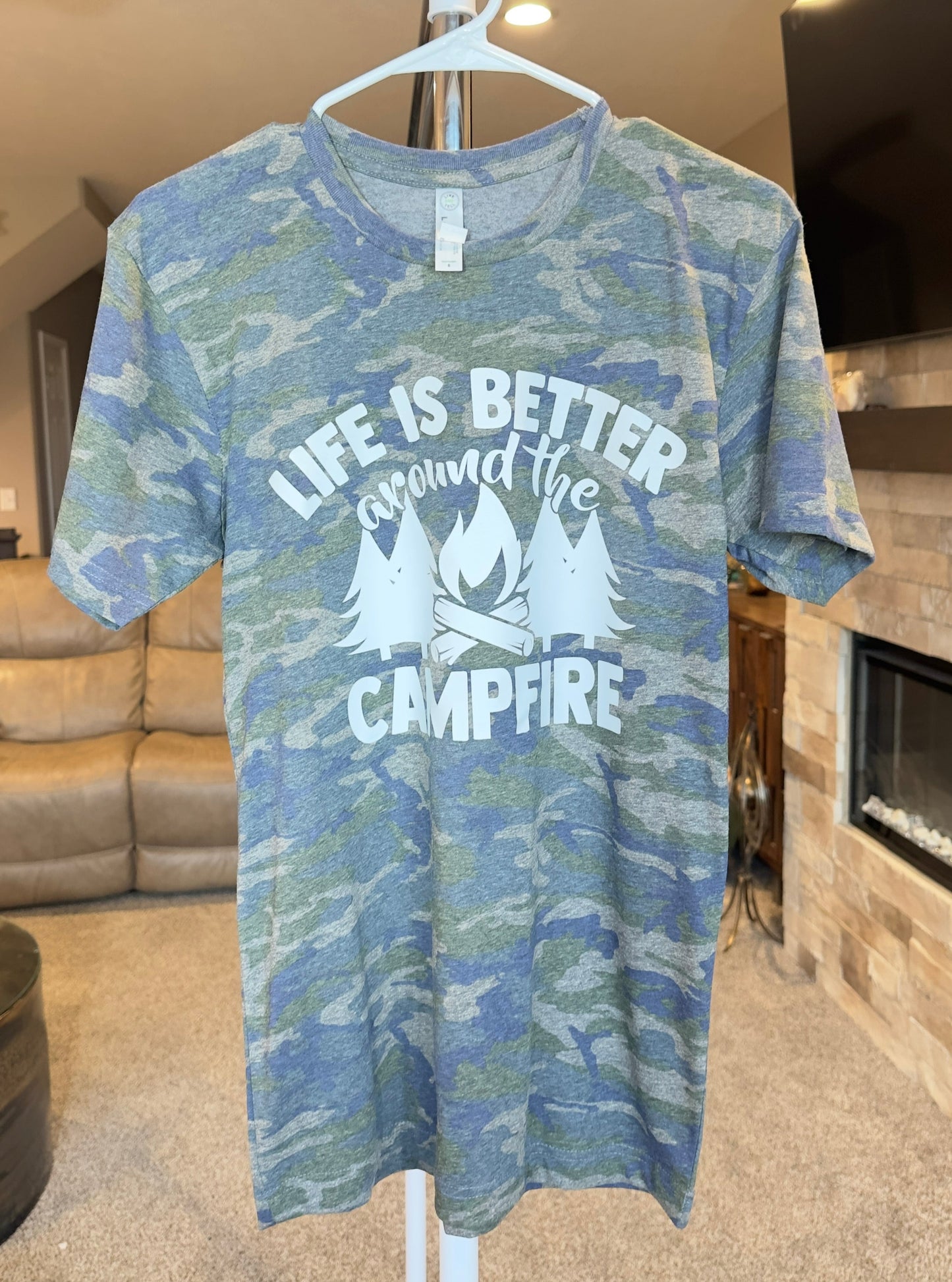 Small | Life is Better Around the Campfire | Vintage Camo | Tee & Tank Sale