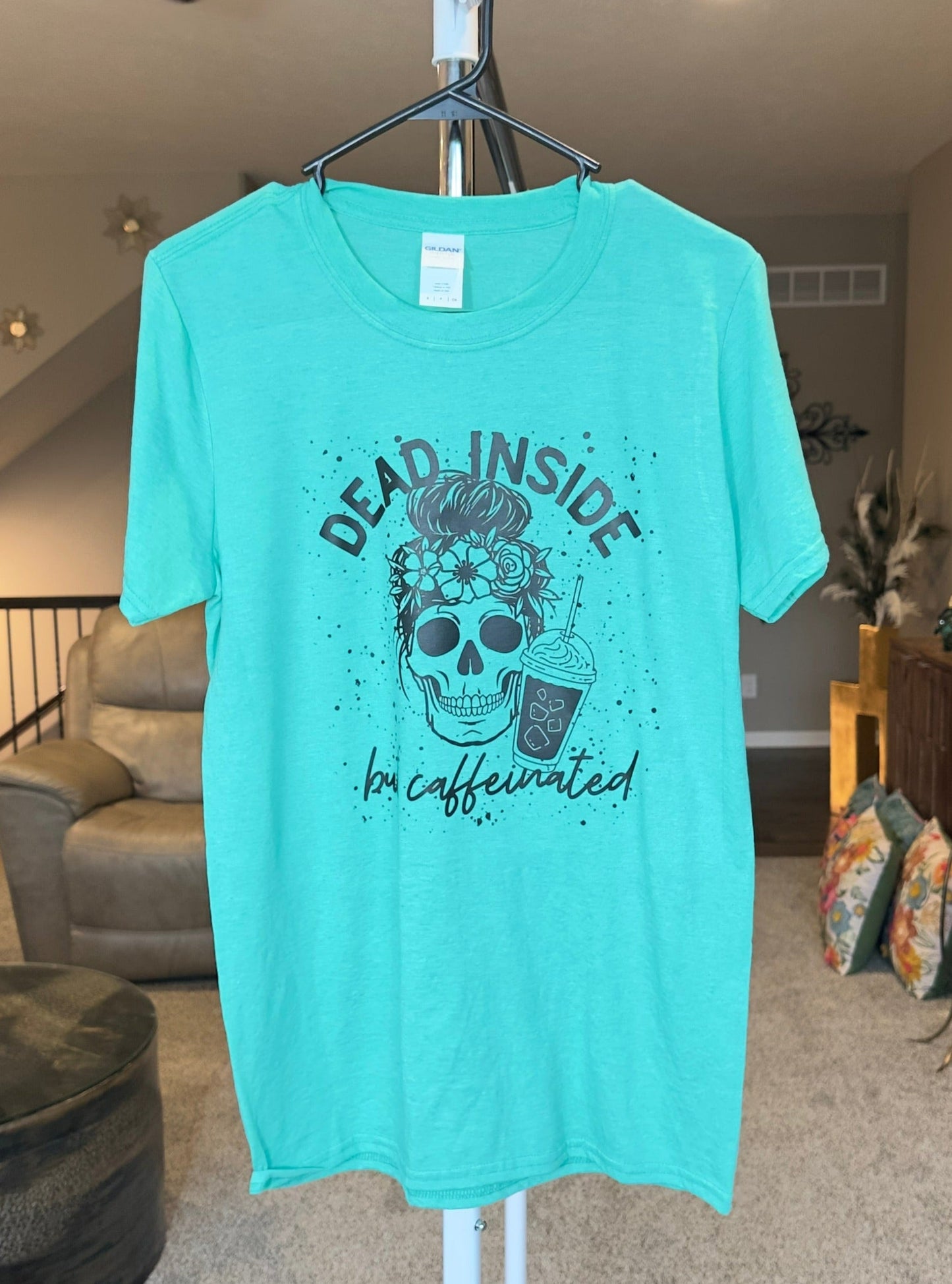 Small | Dead Inside But Caffinated | Heather Seafoam | Tee & Tank Sale*