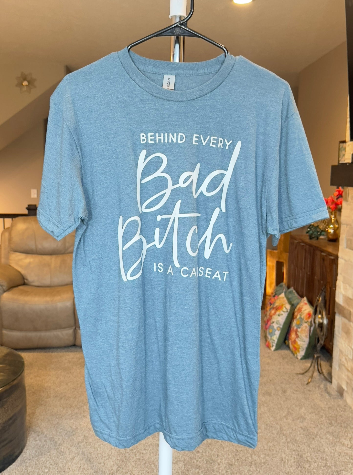 Medium | Behind Every Bad Bitch Is A Carseat | Heather Indigo | Tee & Tank Sale