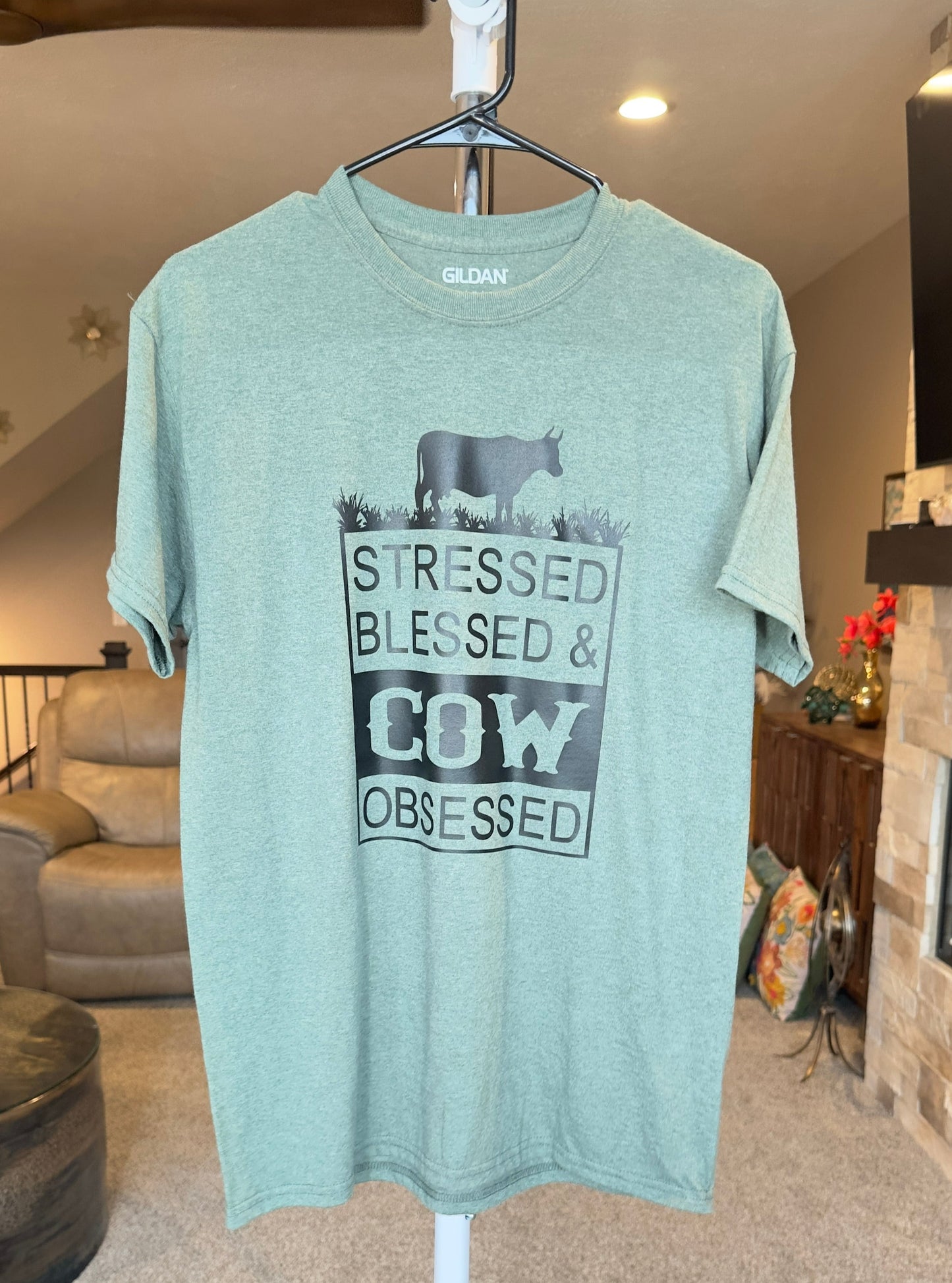 Medium | Stressed Blessed & Cow Obsessed | Heather Military | Tee & Tank Sale