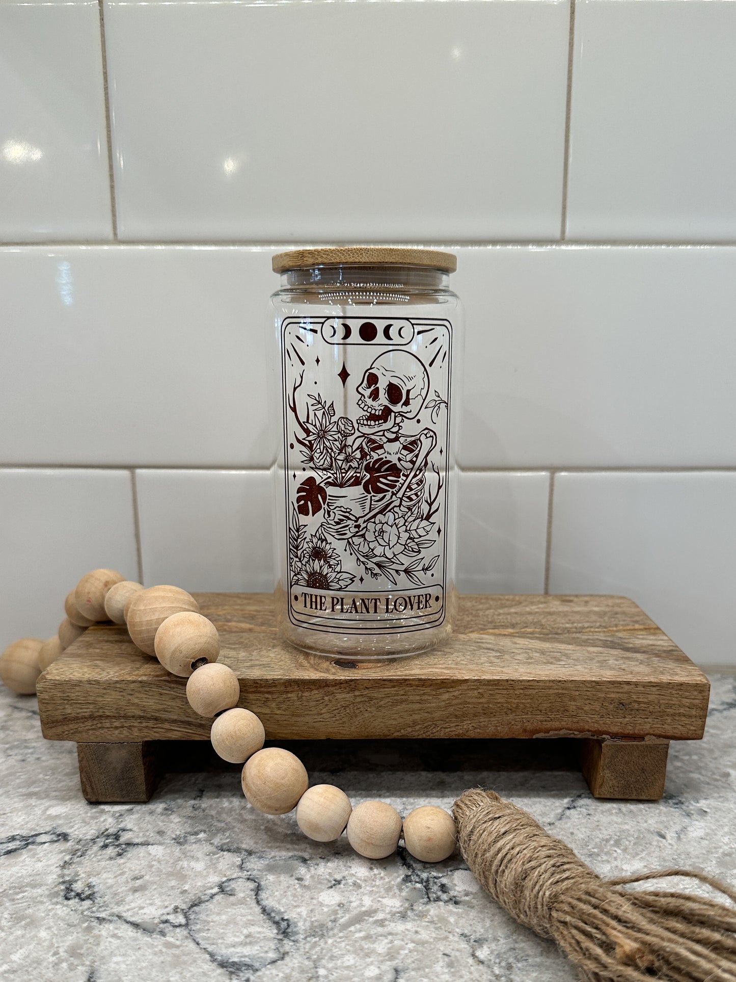The Plant Lover | Tarot Card Collection | 16oz Can Glass with Bamboo Lid | Clear Glass Drinkware
