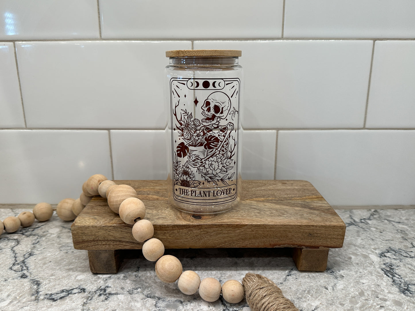 The Plant Lover | Tarot Card Collection | 16oz Can Glass with Bamboo Lid | Clear Glass Drinkware