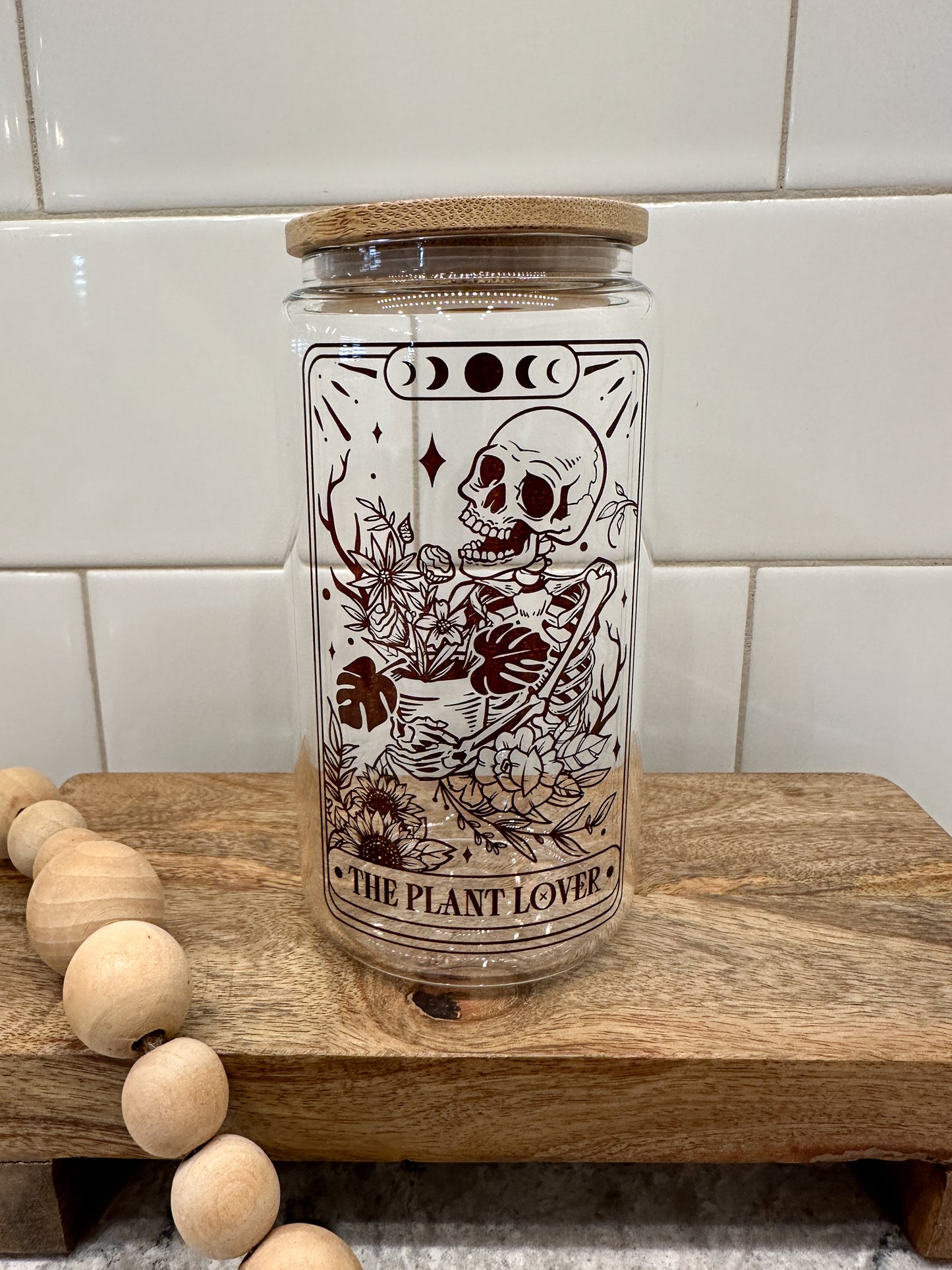 The Plant Lover | Tarot Card Collection | 16oz Can Glass with Bamboo Lid | Clear Glass Drinkware
