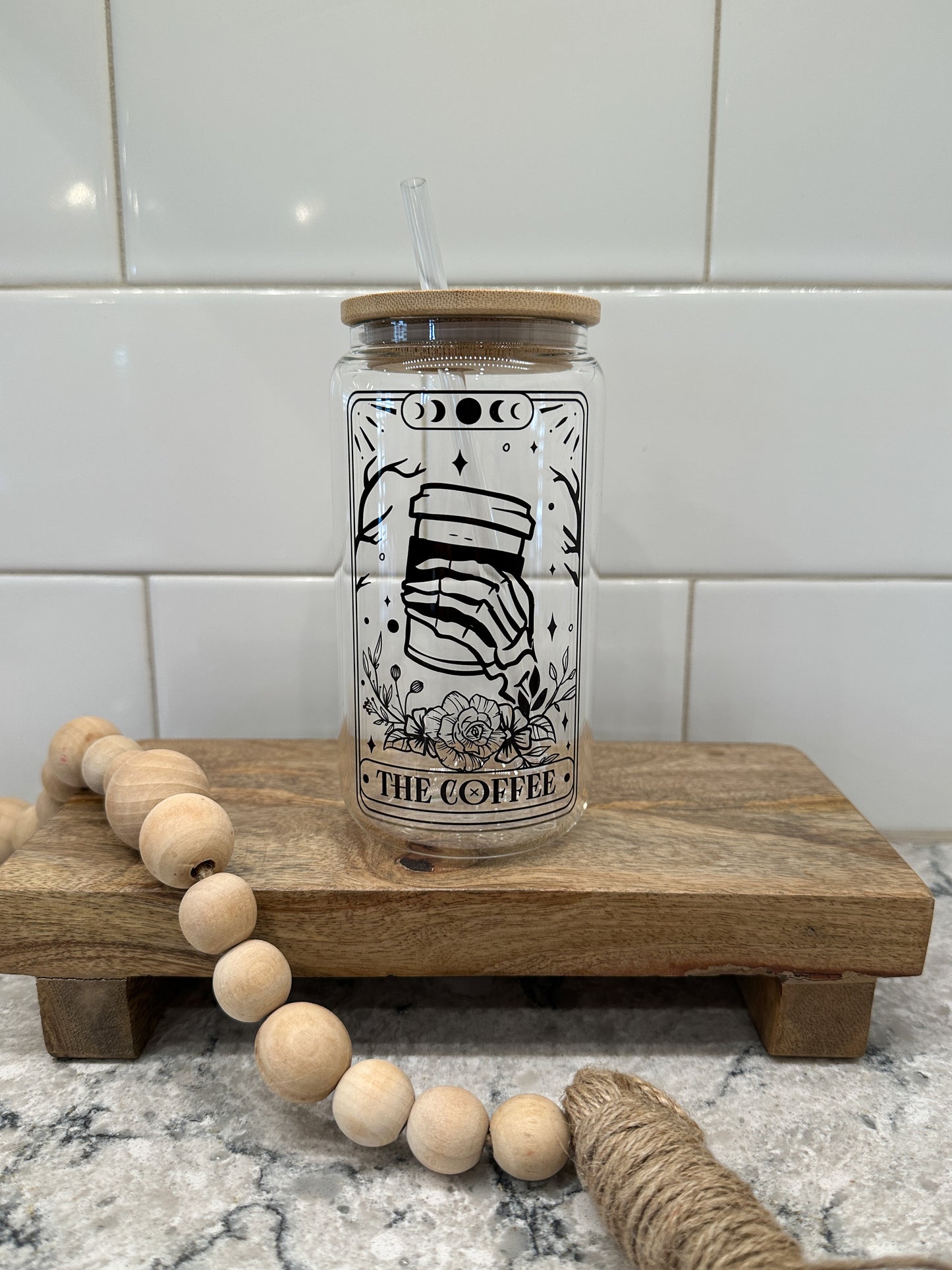 The Coffee | Tarot Card Collection | 16oz Can Glass with Bamboo Lid | Clear Glass Drinkware