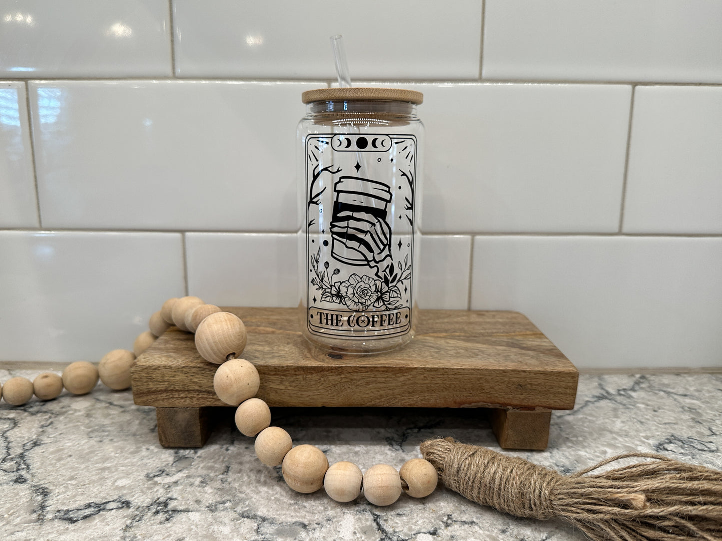 The Coffee | Tarot Card Collection | 16oz Can Glass with Bamboo Lid | Clear Glass Drinkware