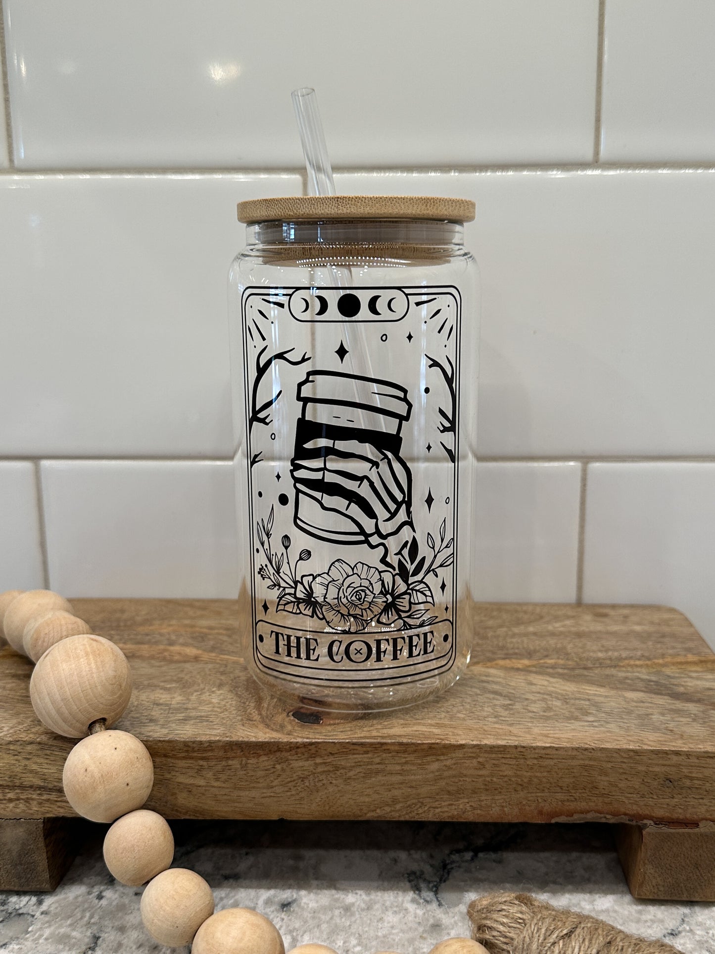 The Coffee | Tarot Card Collection | 16oz Can Glass with Bamboo Lid | Clear Glass Drinkware