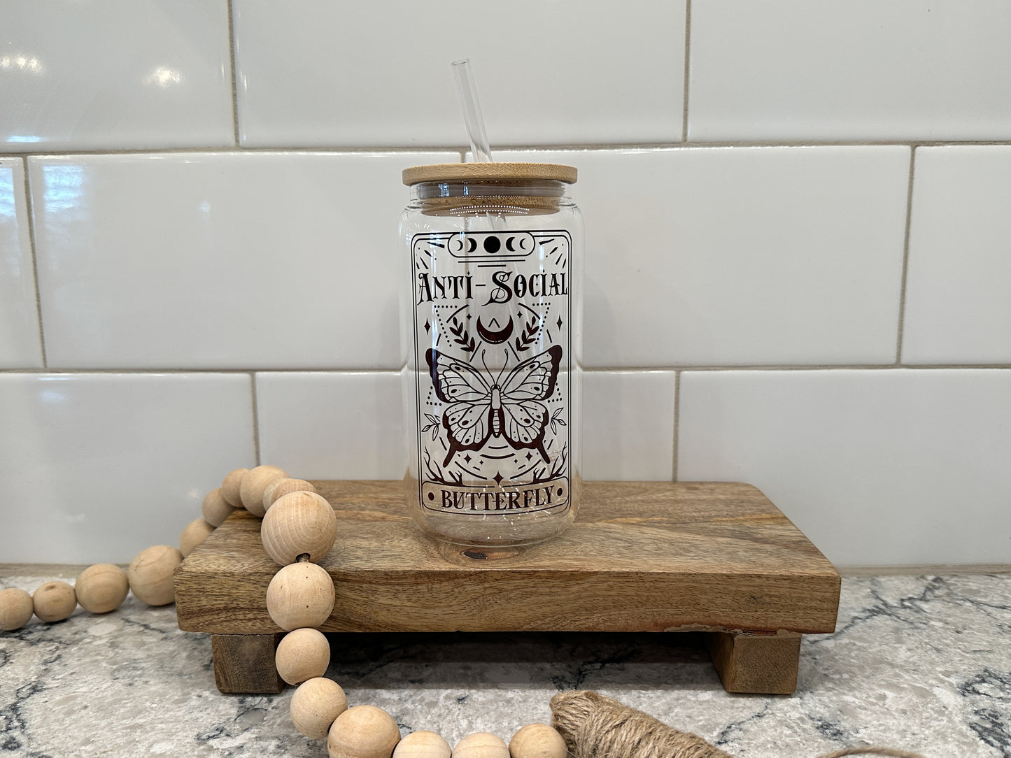 The Anti Social | Tarot Card Collection | 16oz Can Glass with Bamboo Lid | Clear Glass Drinkware