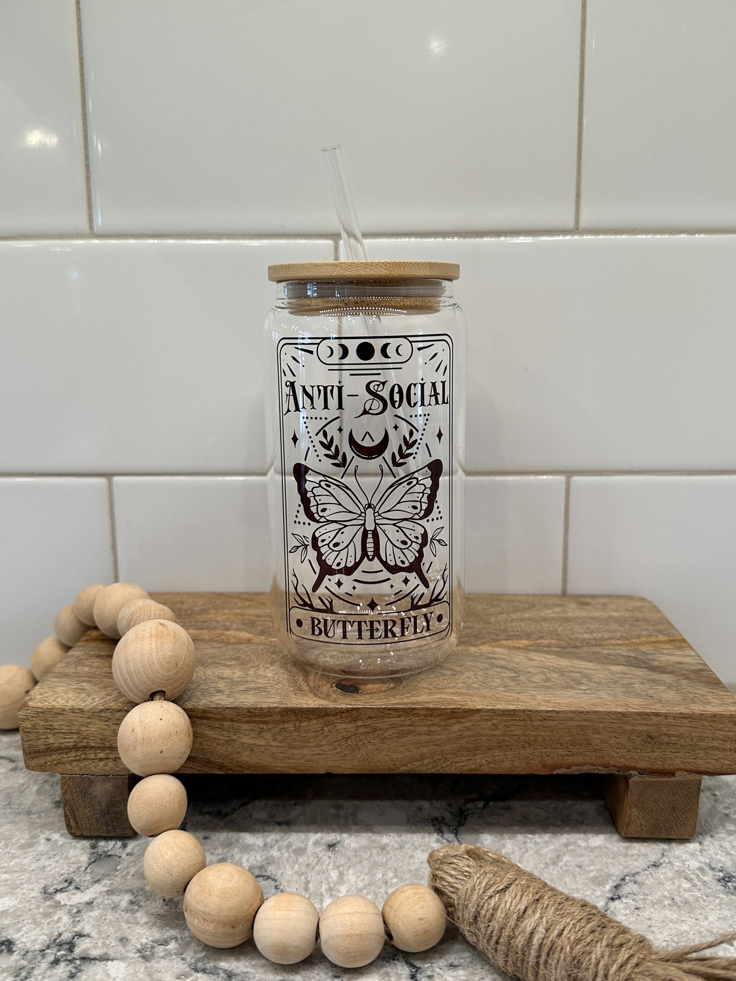 The Anti Social | Tarot Card Collection | 16oz Can Glass with Bamboo Lid | Clear Glass Drinkware
