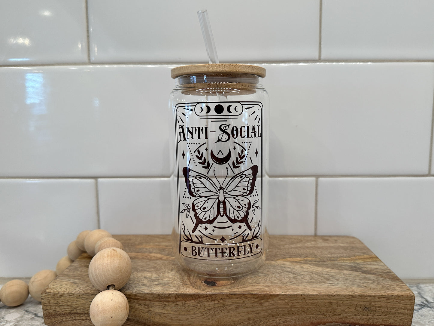 The Anti Social | Tarot Card Collection | 16oz Can Glass with Bamboo Lid | Clear Glass Drinkware