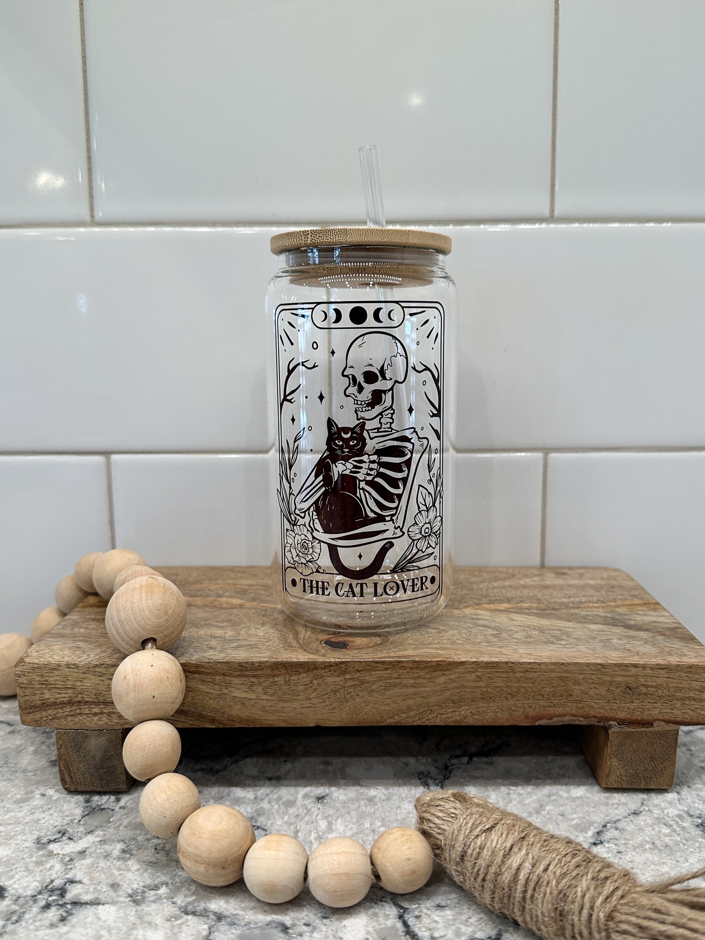 The Cat Lover Skeleton | Tarot Card Collection | 16oz Can Glass with Bamboo Lid | Clear Glass Drinkware