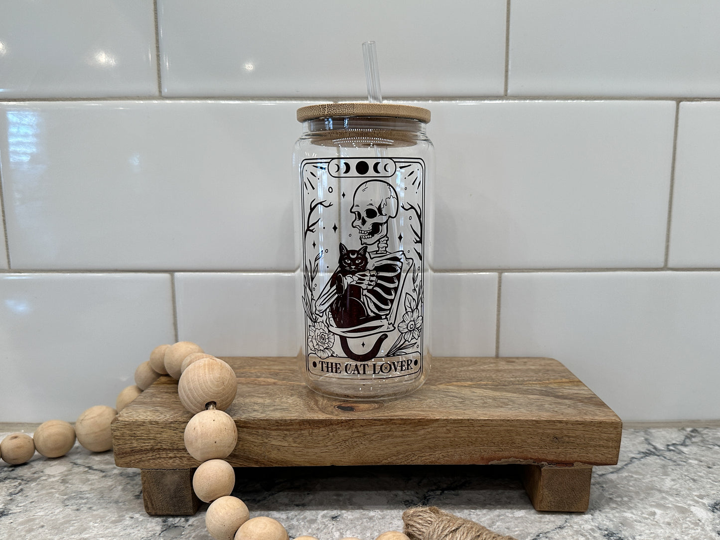 The Cat Lover Skeleton | Tarot Card Collection | 16oz Can Glass with Bamboo Lid | Clear Glass Drinkware