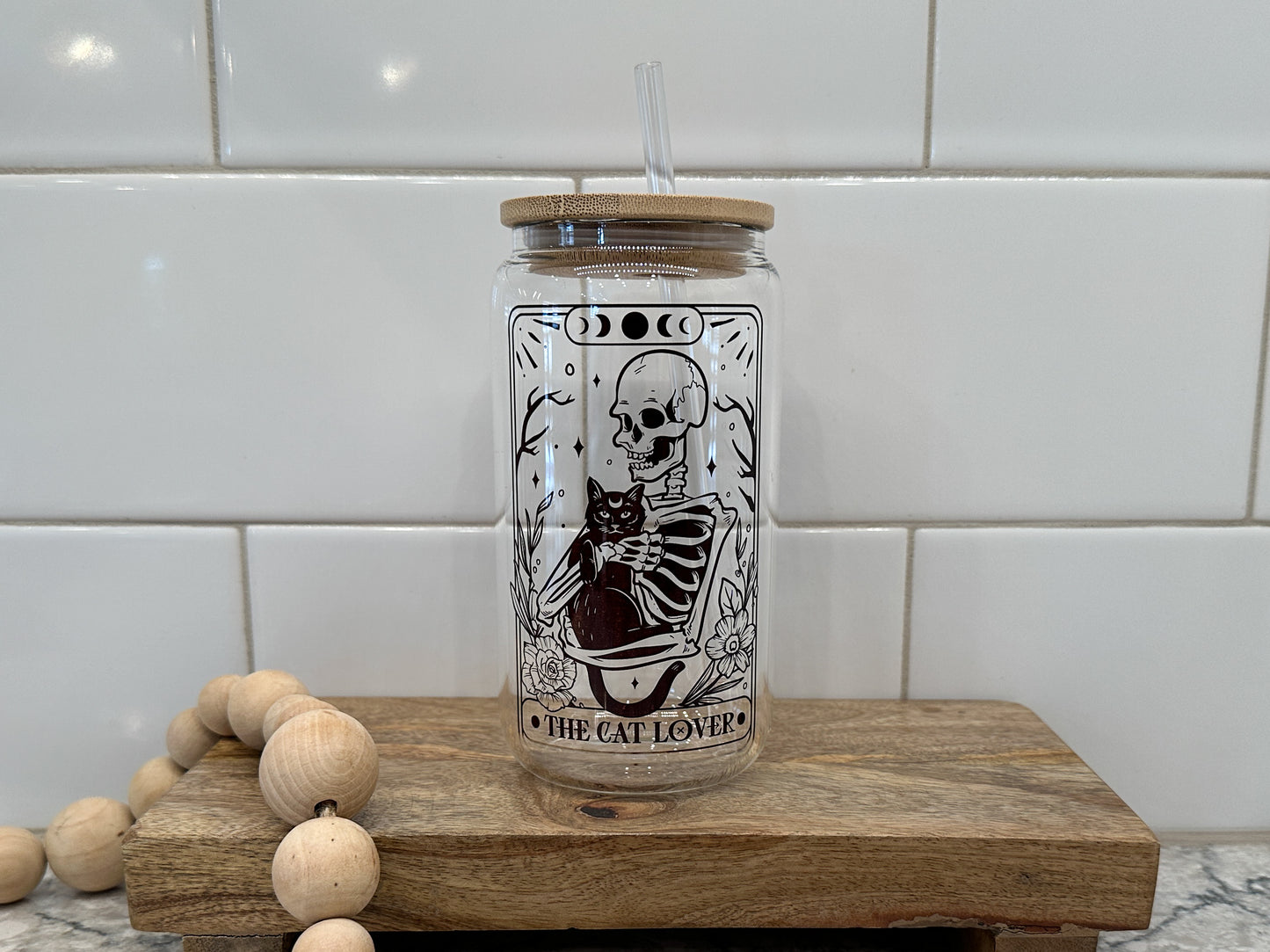 The Cat Lover Skeleton | Tarot Card Collection | 16oz Can Glass with Bamboo Lid | Clear Glass Drinkware