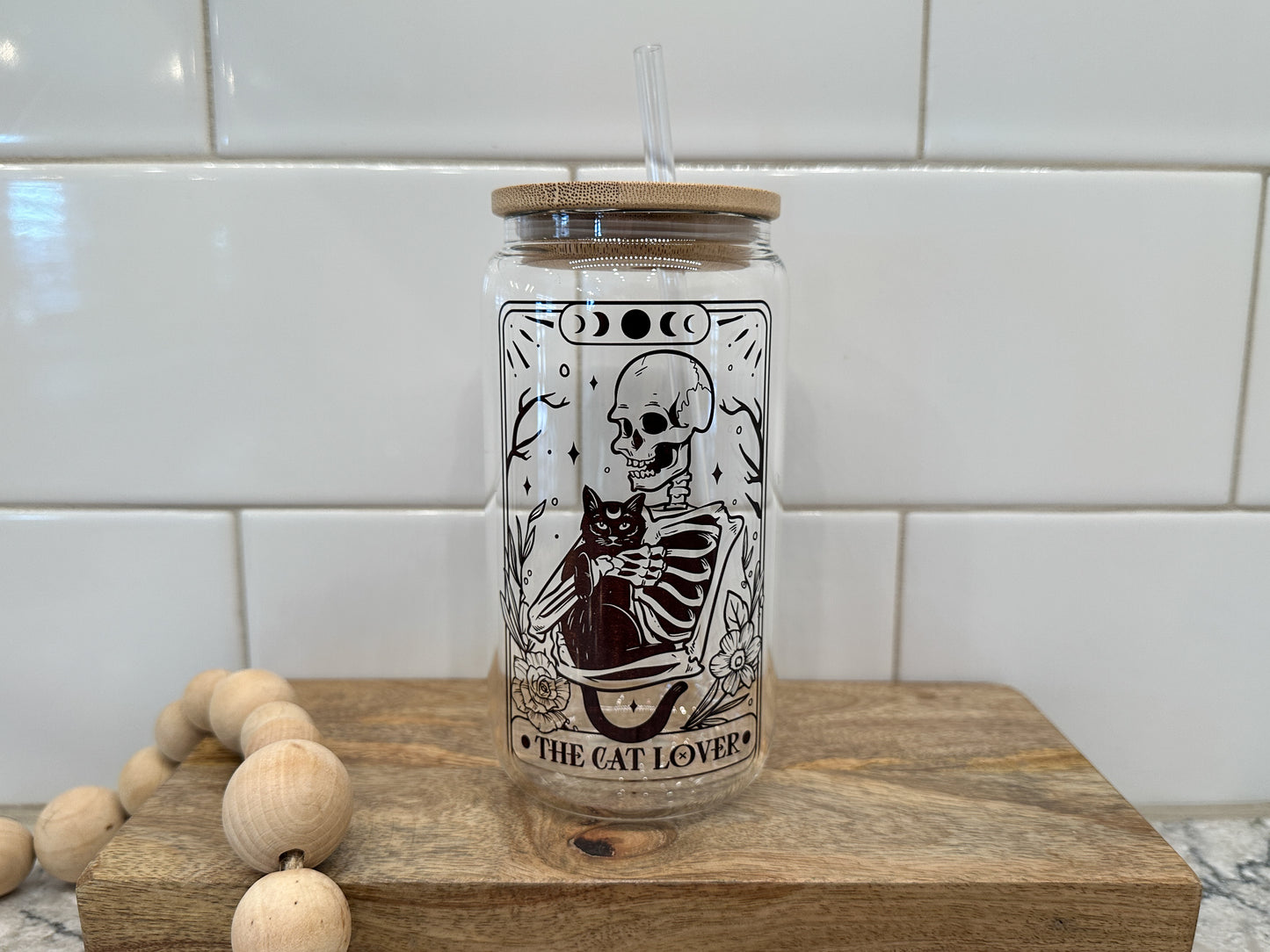 The Cat Lover Skeleton | Tarot Card Collection | 16oz Can Glass with Bamboo Lid | Clear Glass Drinkware