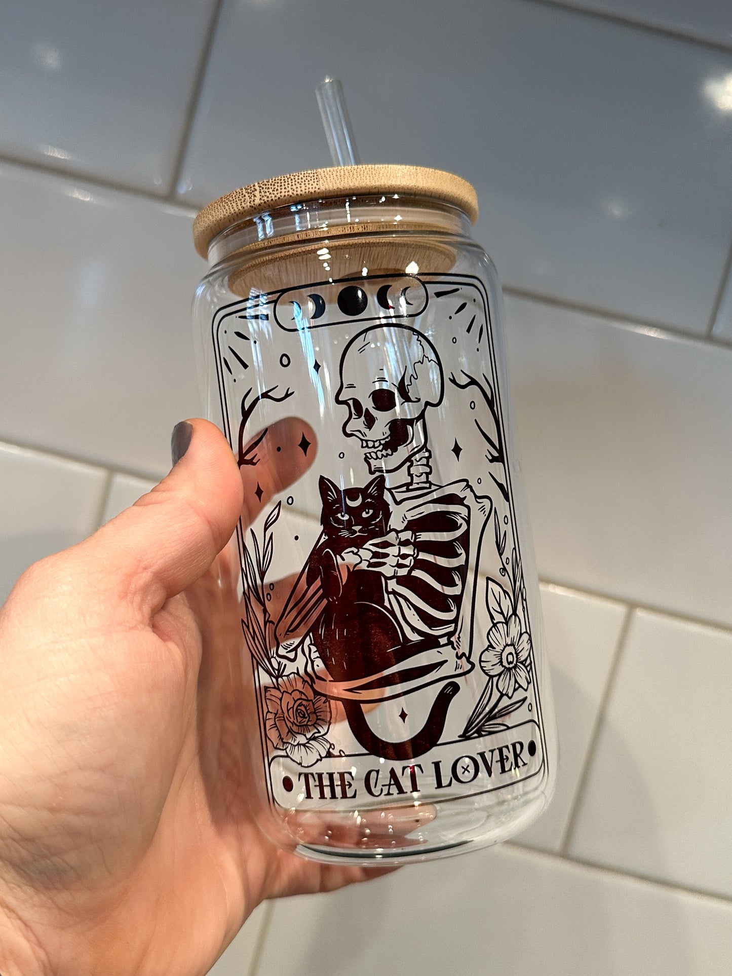 The Cat Lover Skeleton | Tarot Card Collection | 16oz Can Glass with Bamboo Lid | Clear Glass Drinkware
