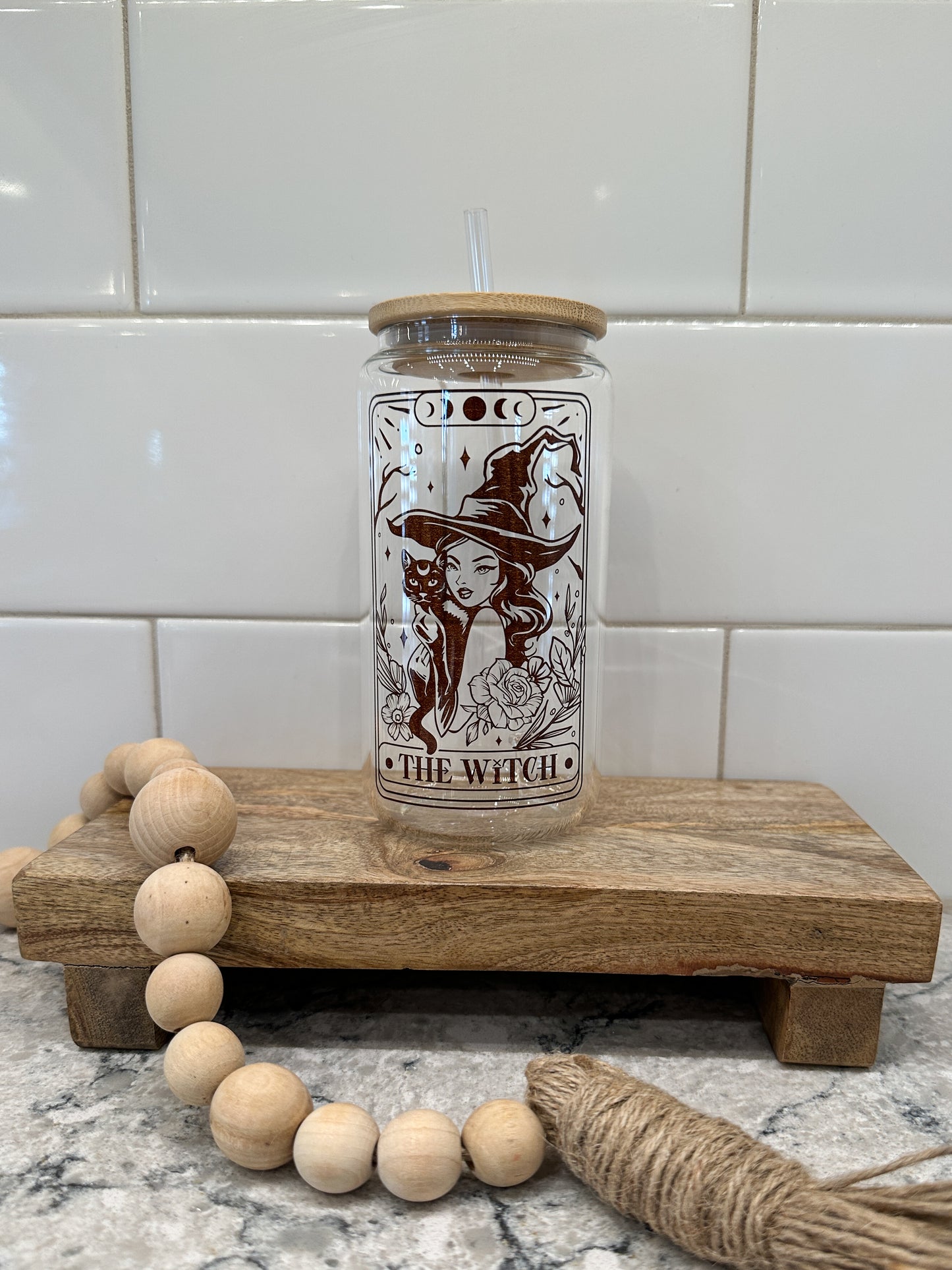 The Witch | Tarot Card Collection | 16oz Can Glass with Bamboo Lid | Clear Glass Drinkware