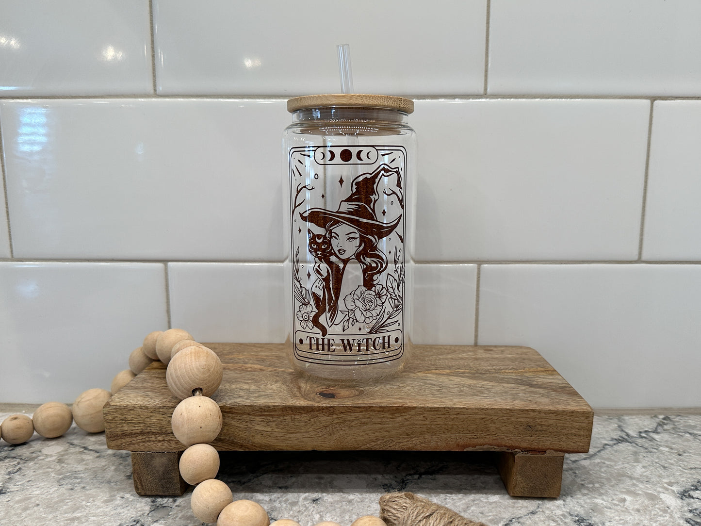The Witch | Tarot Card Collection | 16oz Can Glass with Bamboo Lid | Clear Glass Drinkware