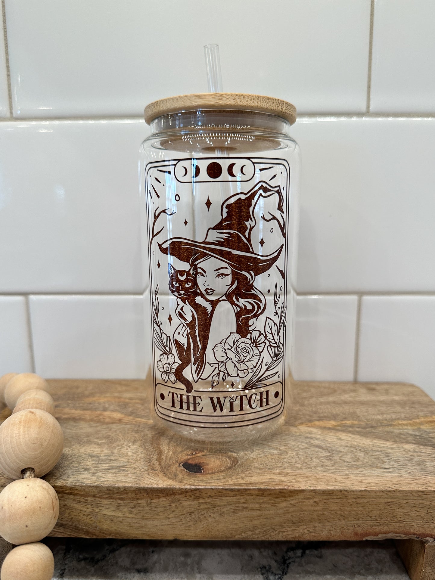 The Witch | Tarot Card Collection | 16oz Can Glass with Bamboo Lid | Clear Glass Drinkware