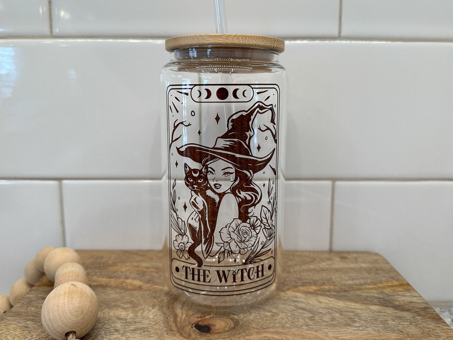The Witch | Tarot Card Collection | 16oz Can Glass with Bamboo Lid | Clear Glass Drinkware