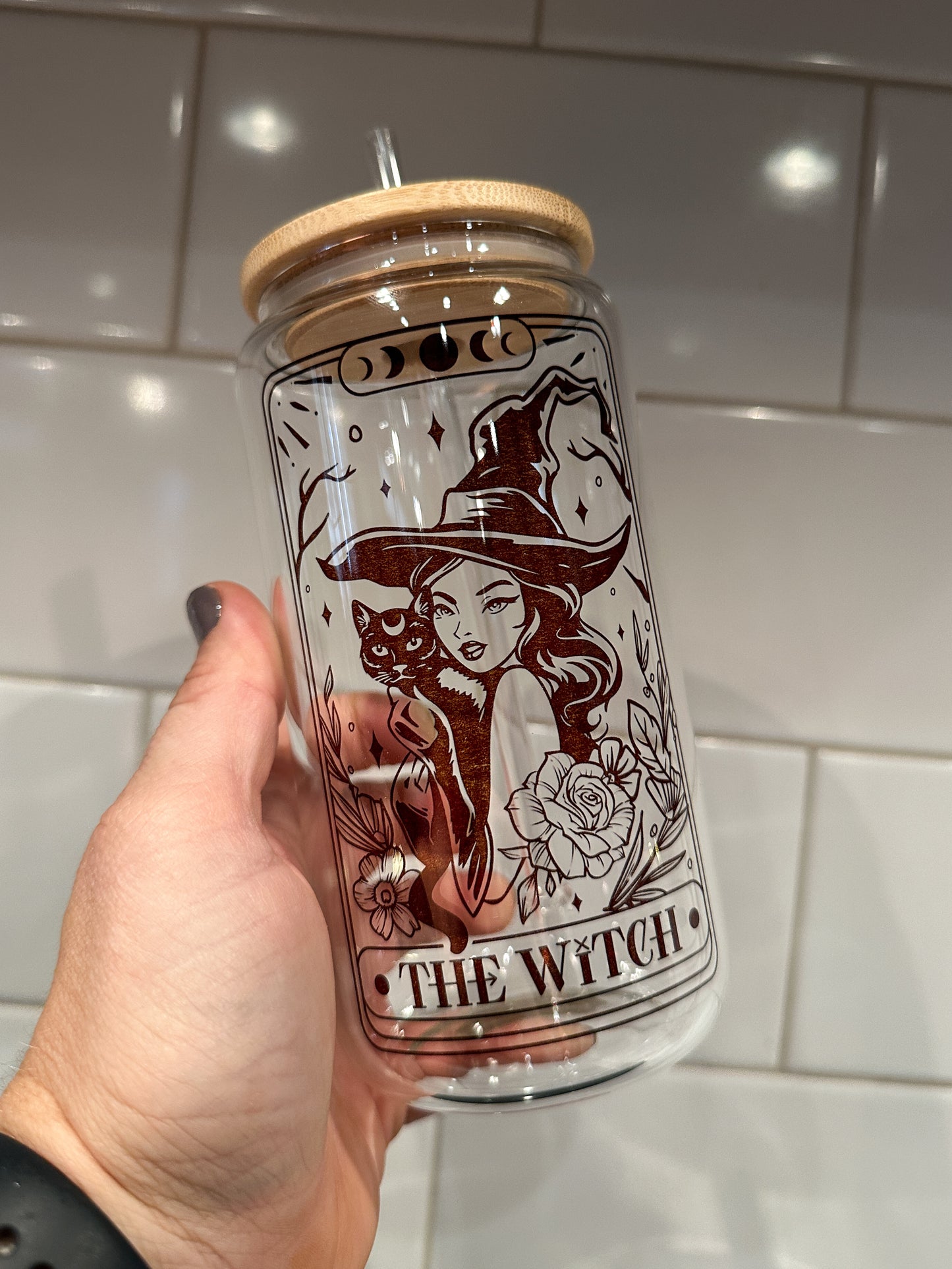 The Witch | Tarot Card Collection | 16oz Can Glass with Bamboo Lid | Clear Glass Drinkware
