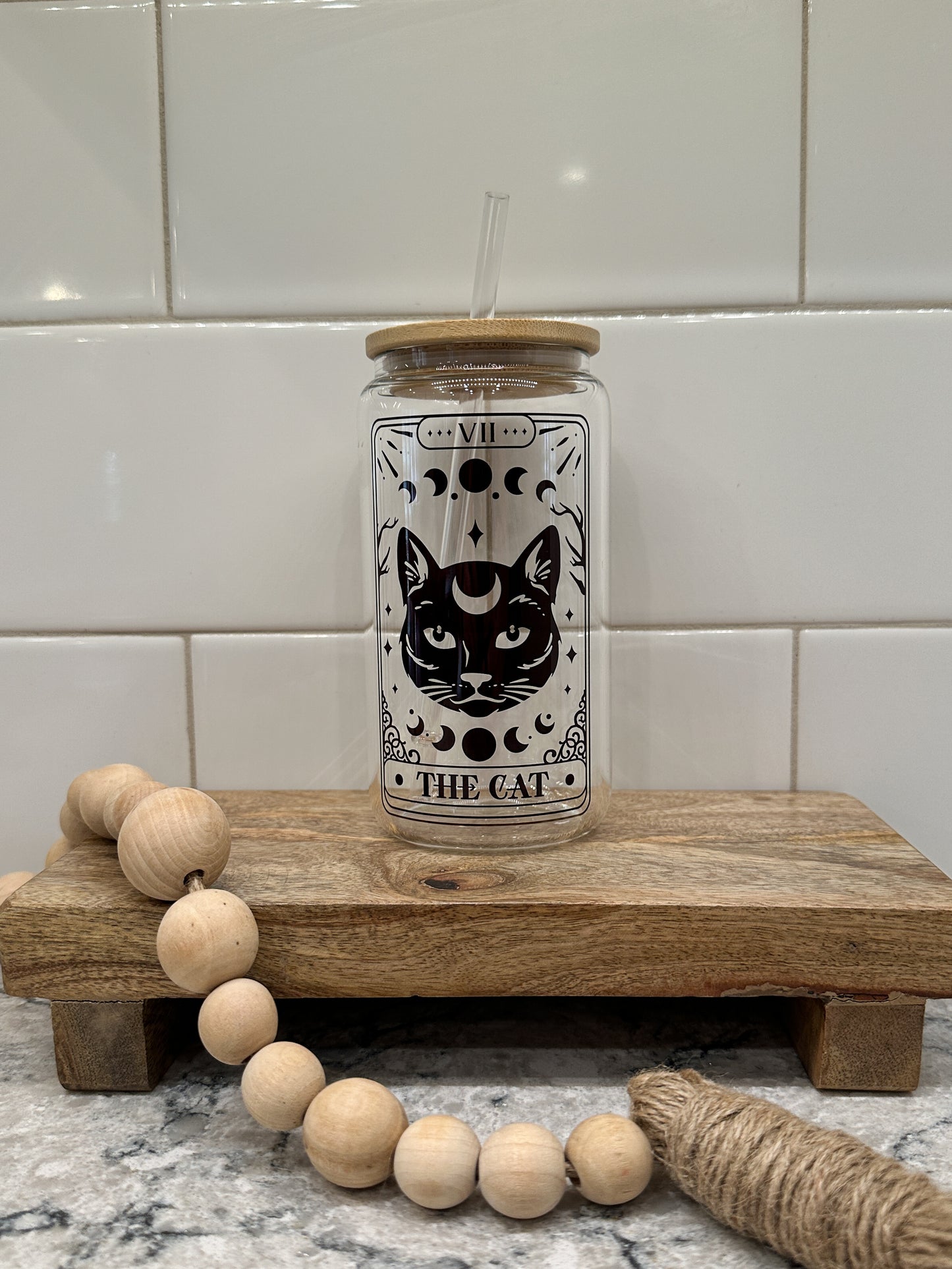 The Cat | Tarot Card Collection | 16oz Can Glass with Bamboo Lid | Clear Glass Drinkware