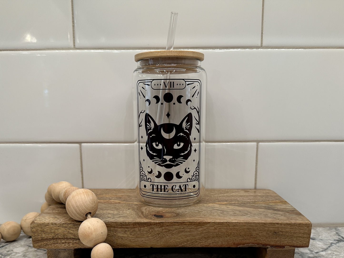 The Cat | Tarot Card Collection | 16oz Can Glass with Bamboo Lid | Clear Glass Drinkware