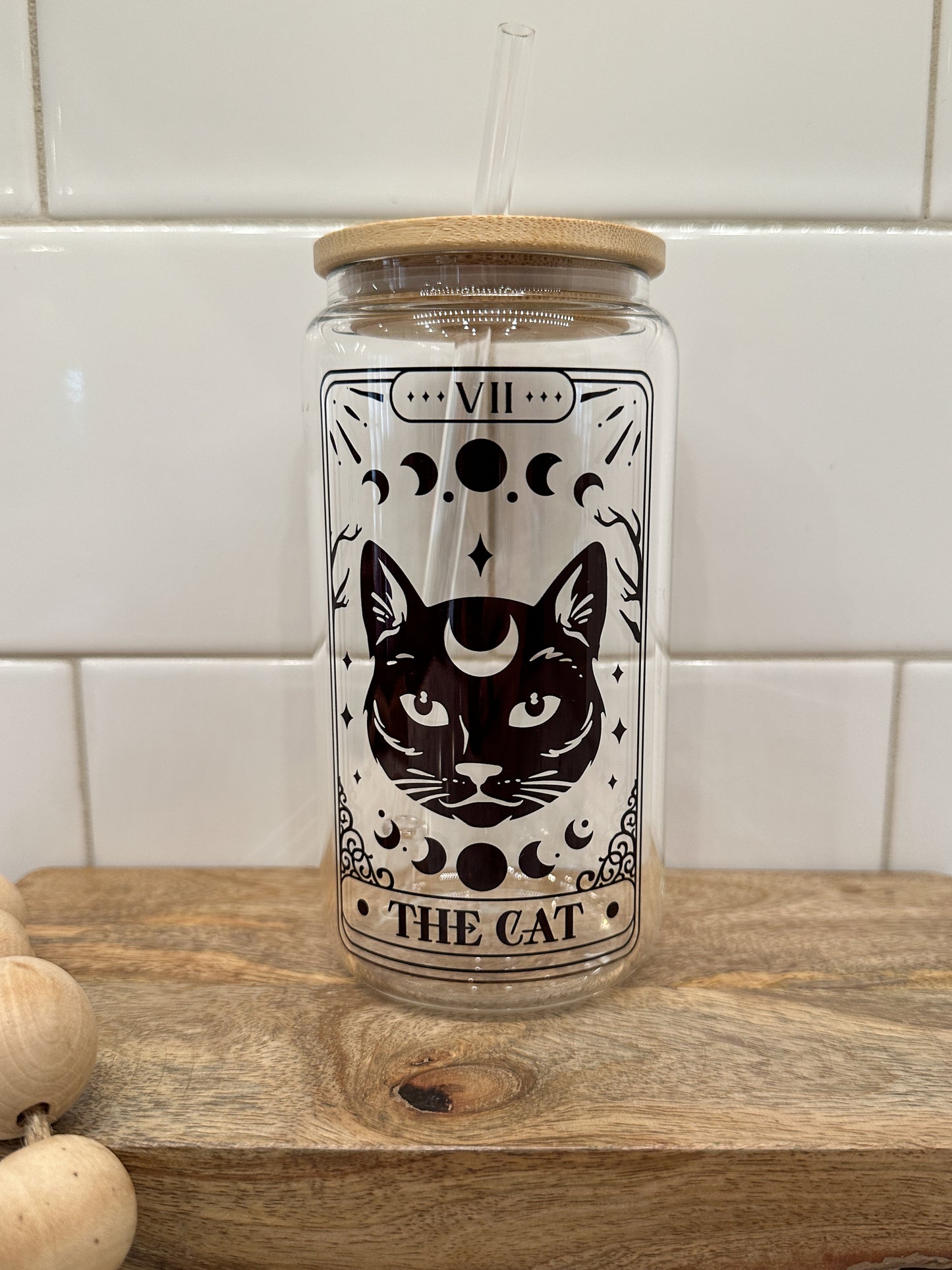 The Cat | Tarot Card Collection | 16oz Can Glass with Bamboo Lid | Clear Glass Drinkware