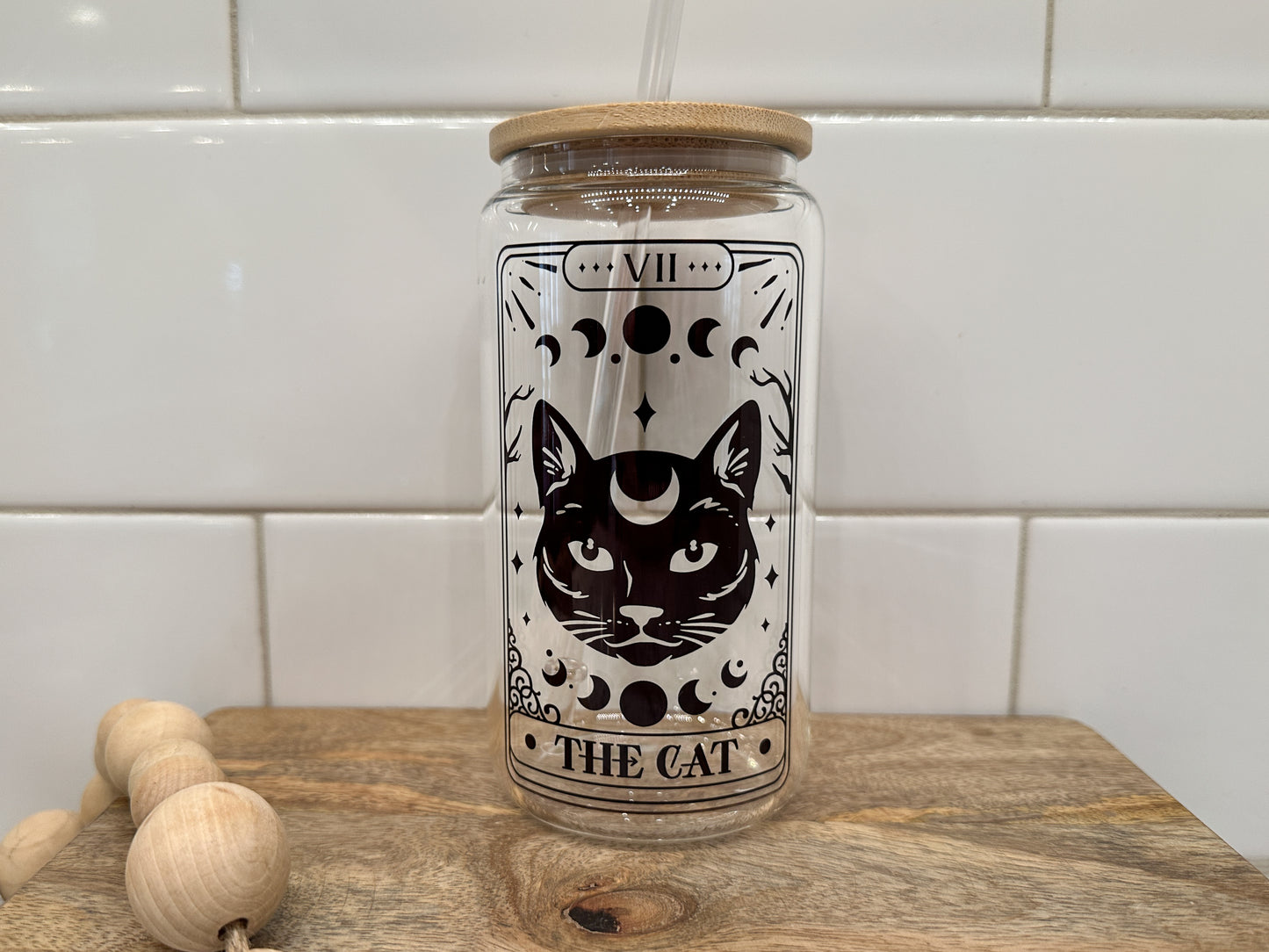 The Cat | Tarot Card Collection | 16oz Can Glass with Bamboo Lid | Clear Glass Drinkware