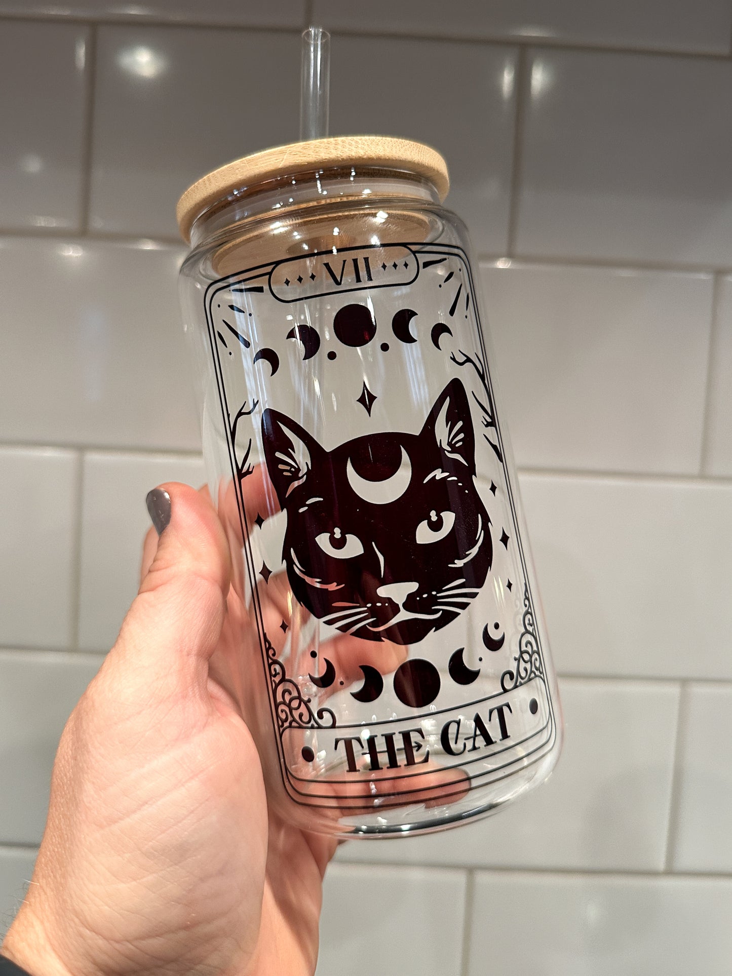 The Cat | Tarot Card Collection | 16oz Can Glass with Bamboo Lid | Clear Glass Drinkware