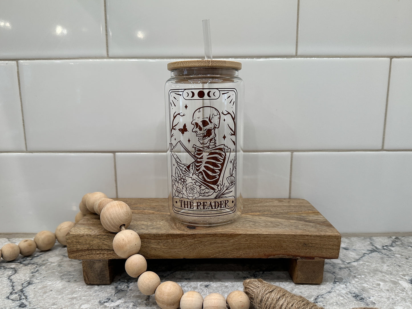 The Reader | Tarot Card Collection | 16oz Can Glass with Bamboo Lid | Clear Glass Drinkware