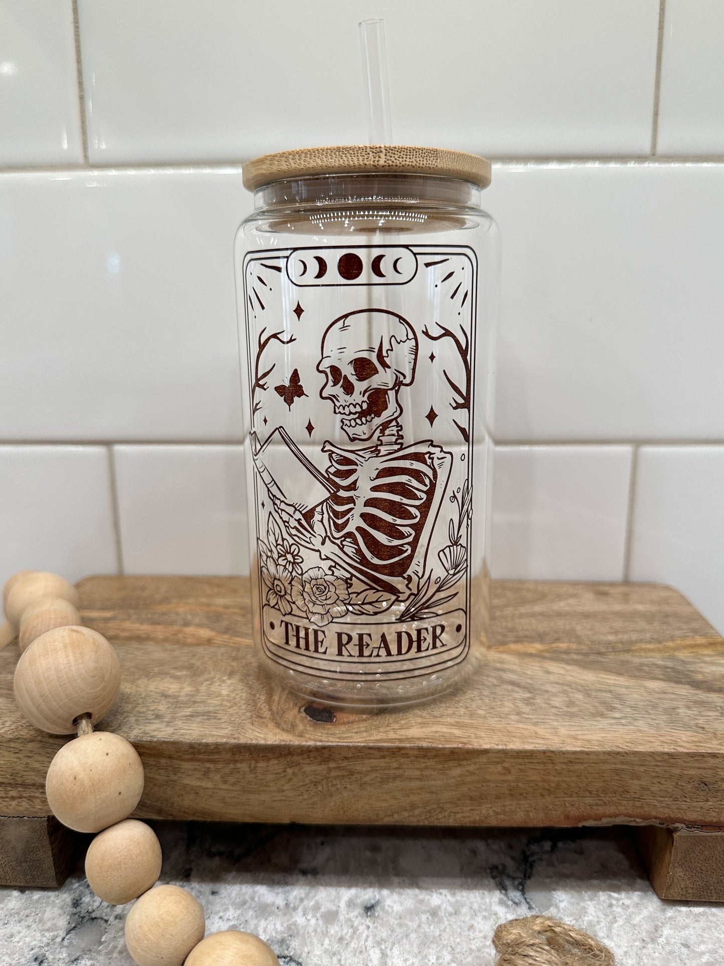 The Reader | Tarot Card Collection | 16oz Can Glass with Bamboo Lid | Clear Glass Drinkware