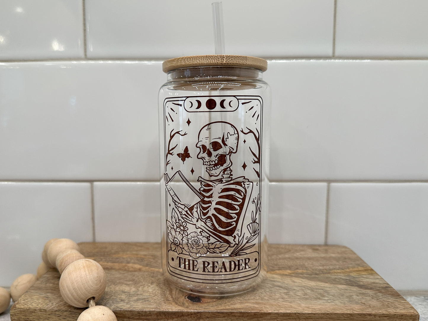 The Reader | Tarot Card Collection | 16oz Can Glass with Bamboo Lid | Clear Glass Drinkware