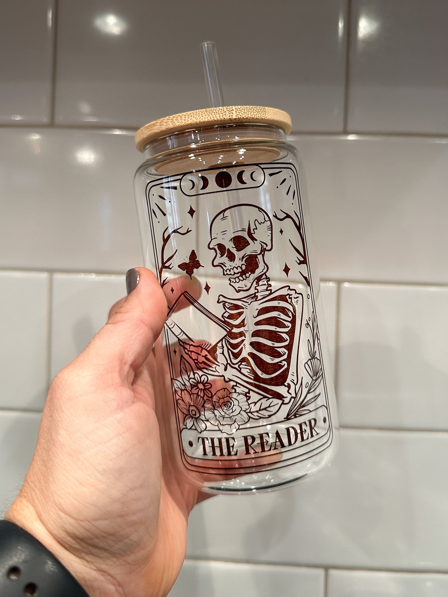 The Reader | Tarot Card Collection | 16oz Can Glass with Bamboo Lid | Clear Glass Drinkware