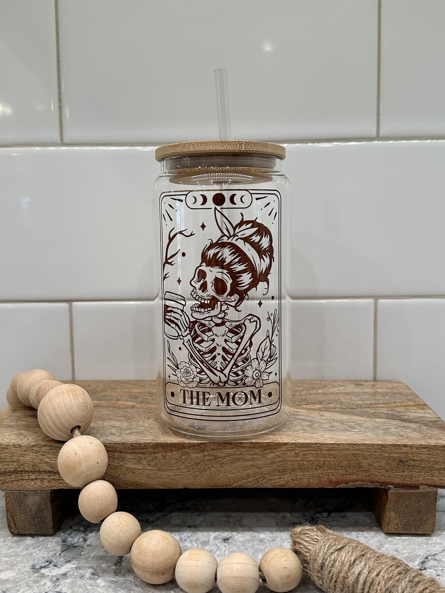 The Mom | Tarot Card Collection | 16oz Can Glass with Bamboo Lid | Clear Glass Drinkware