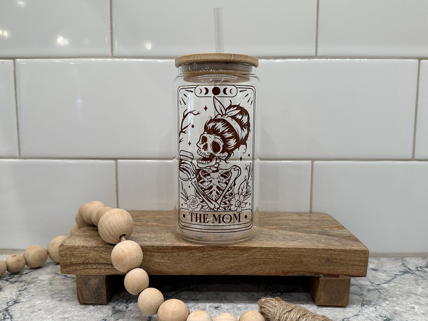 The Mom | Tarot Card Collection | 16oz Can Glass with Bamboo Lid | Clear Glass Drinkware