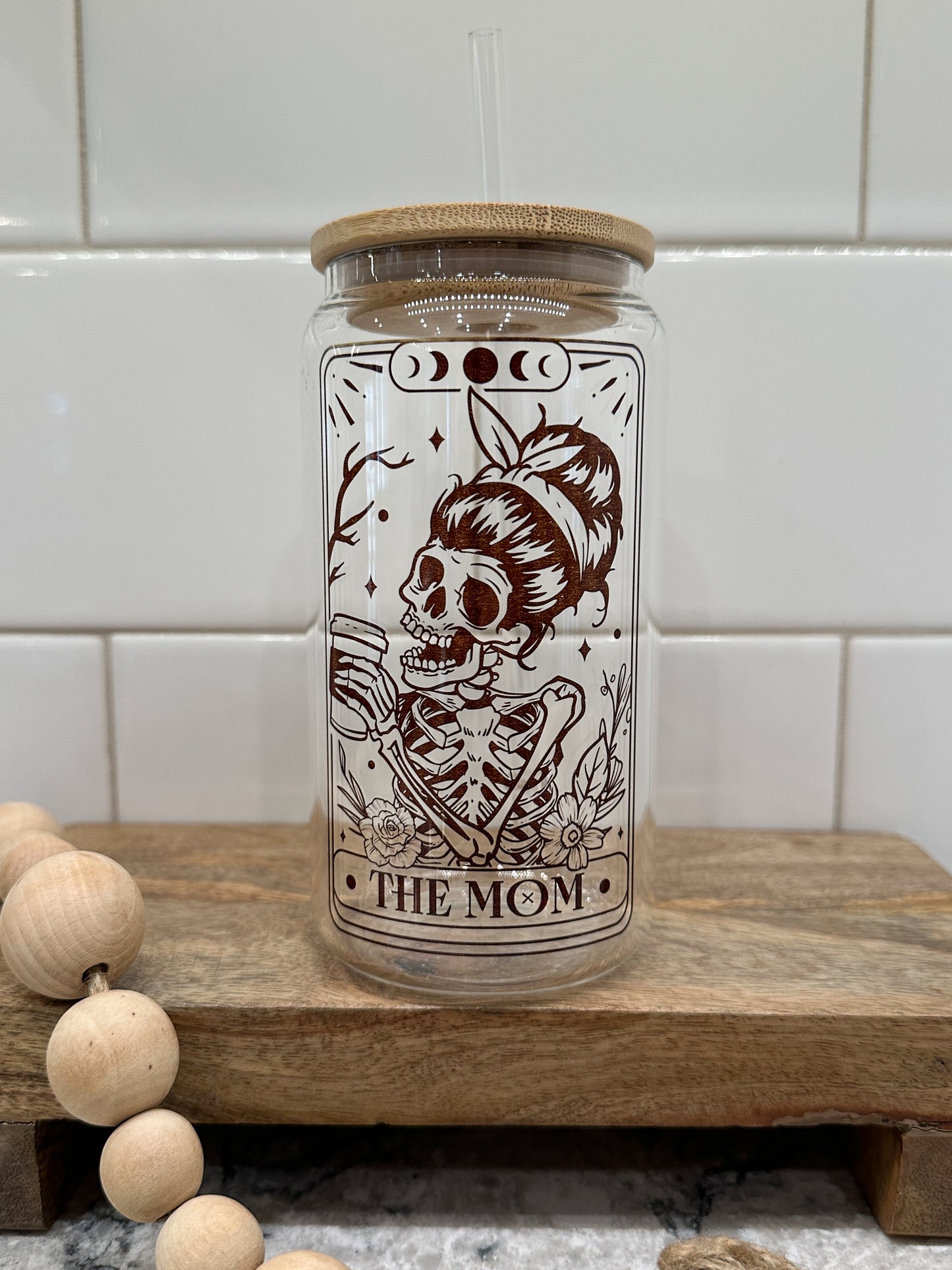 The Mom | Tarot Card Collection | 16oz Can Glass with Bamboo Lid | Clear Glass Drinkware