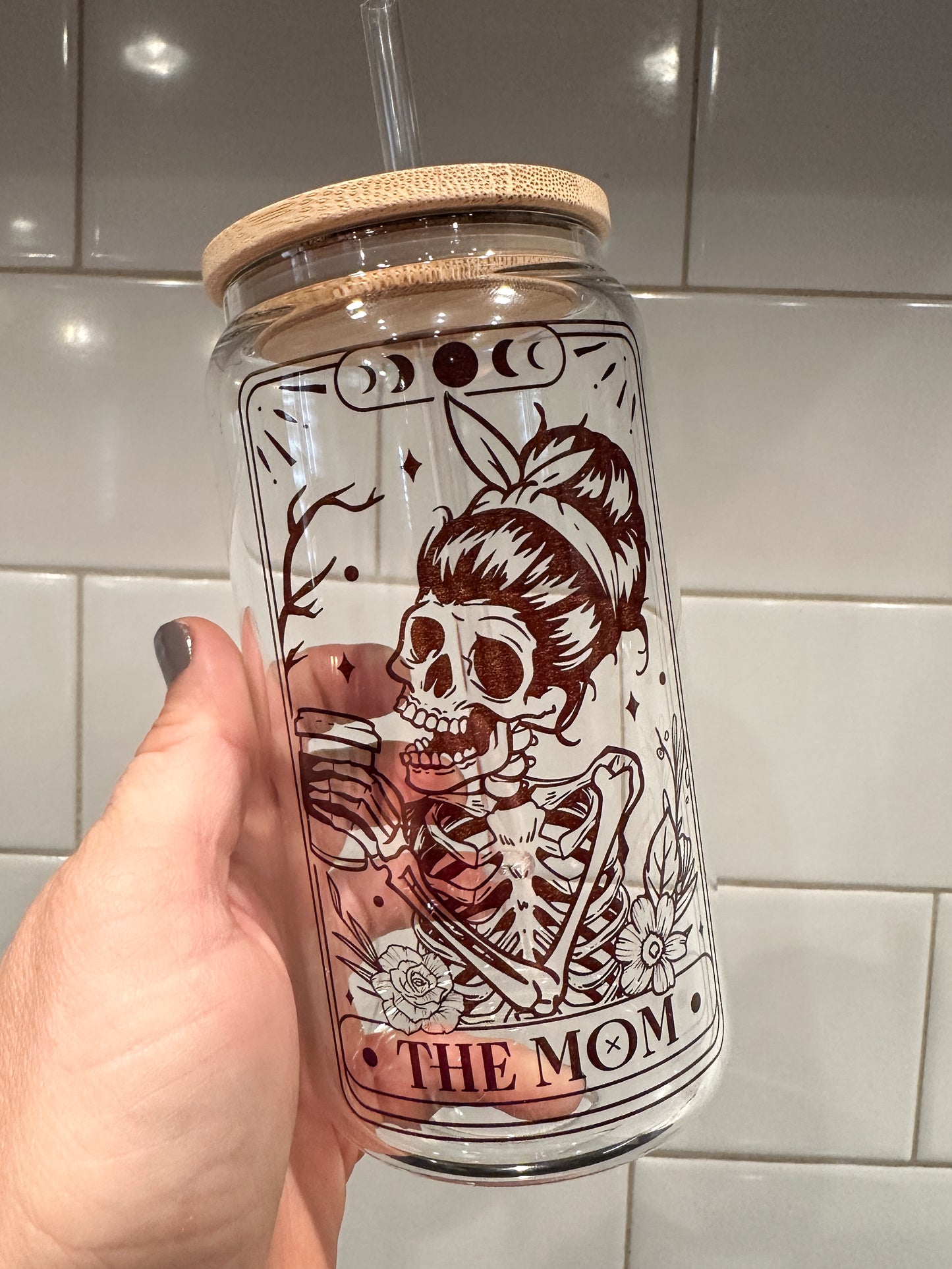 The Mom | Tarot Card Collection | 16oz Can Glass with Bamboo Lid | Clear Glass Drinkware