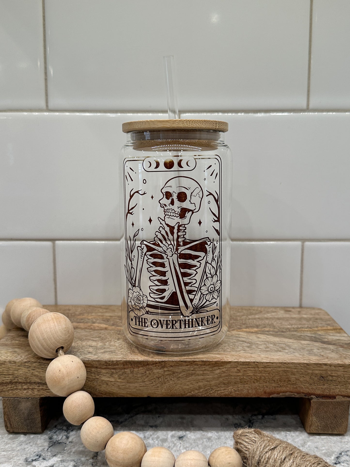 The Overthinker | Tarot Card Collection | 16oz Can Glass with Bamboo Lid | Clear Glass Drinkware