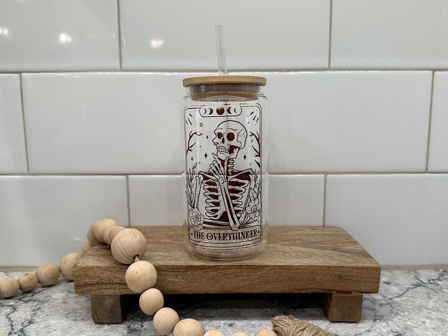 The Overthinker | Tarot Card Collection | 16oz Can Glass with Bamboo Lid | Clear Glass Drinkware