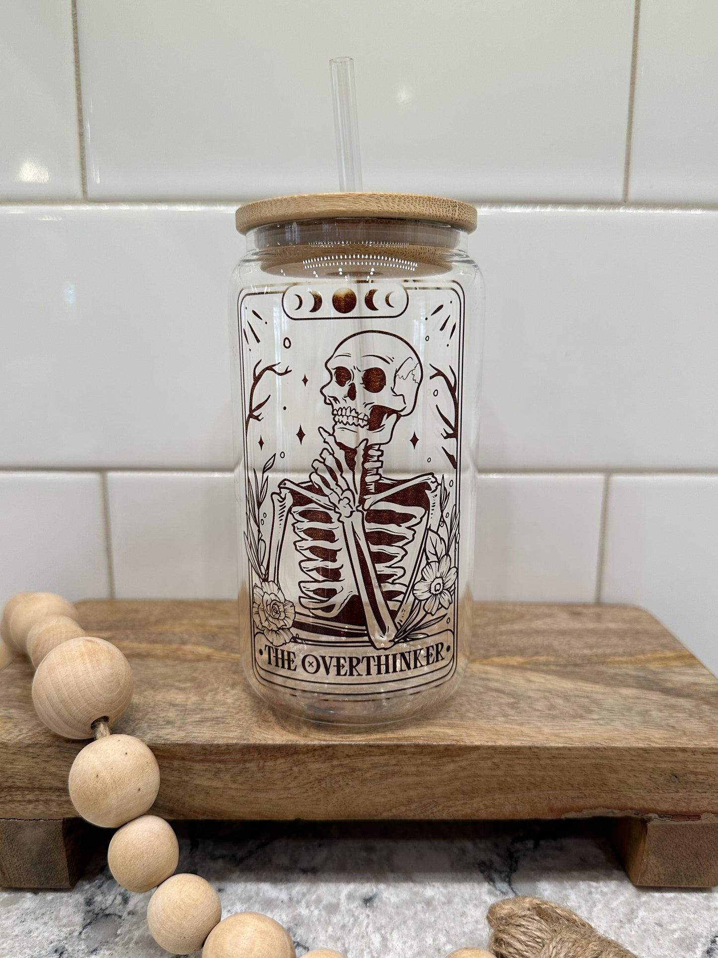 The Overthinker | Tarot Card Collection | 16oz Can Glass with Bamboo Lid | Clear Glass Drinkware