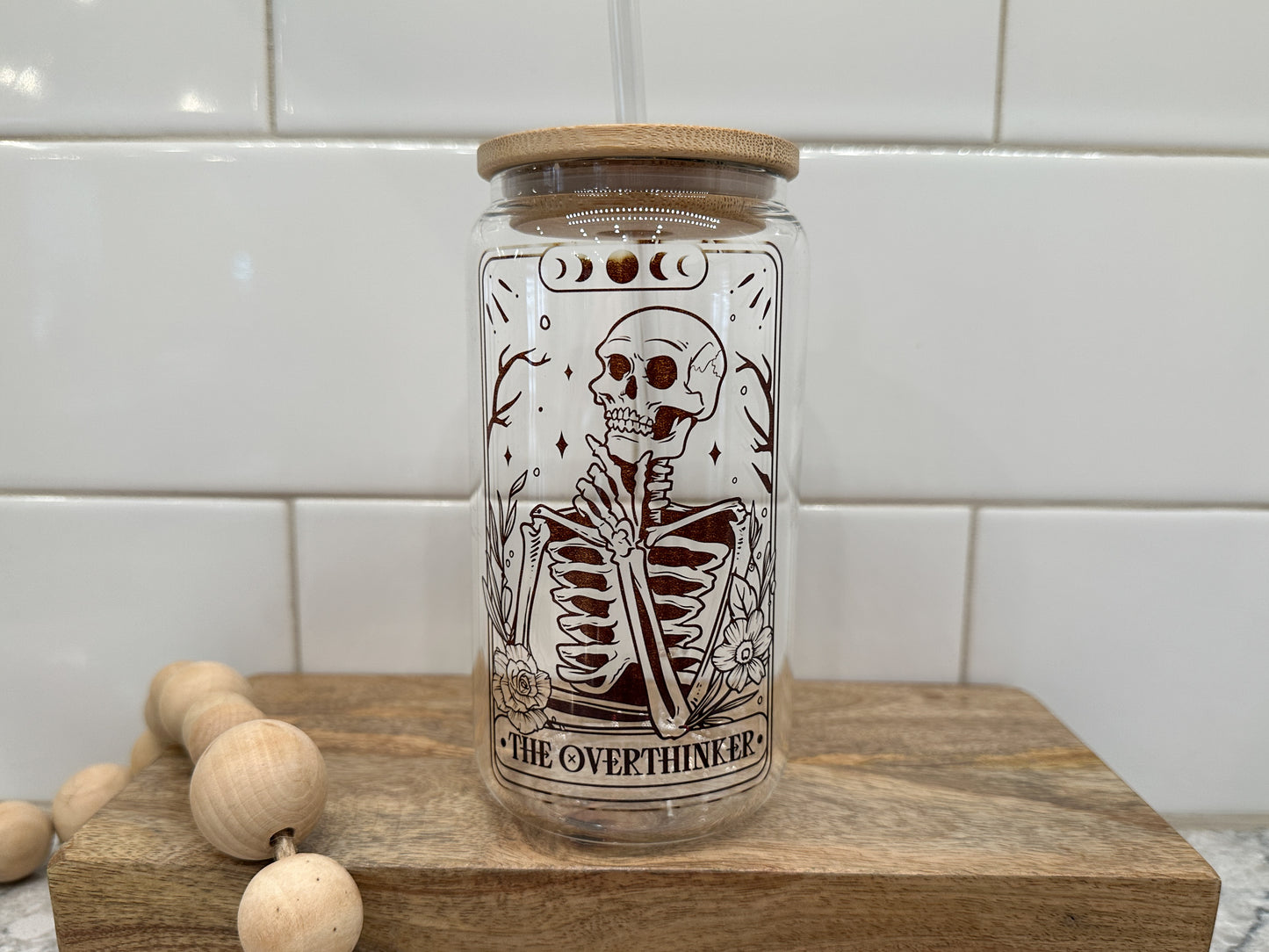 The Overthinker | Tarot Card Collection | 16oz Can Glass with Bamboo Lid | Clear Glass Drinkware