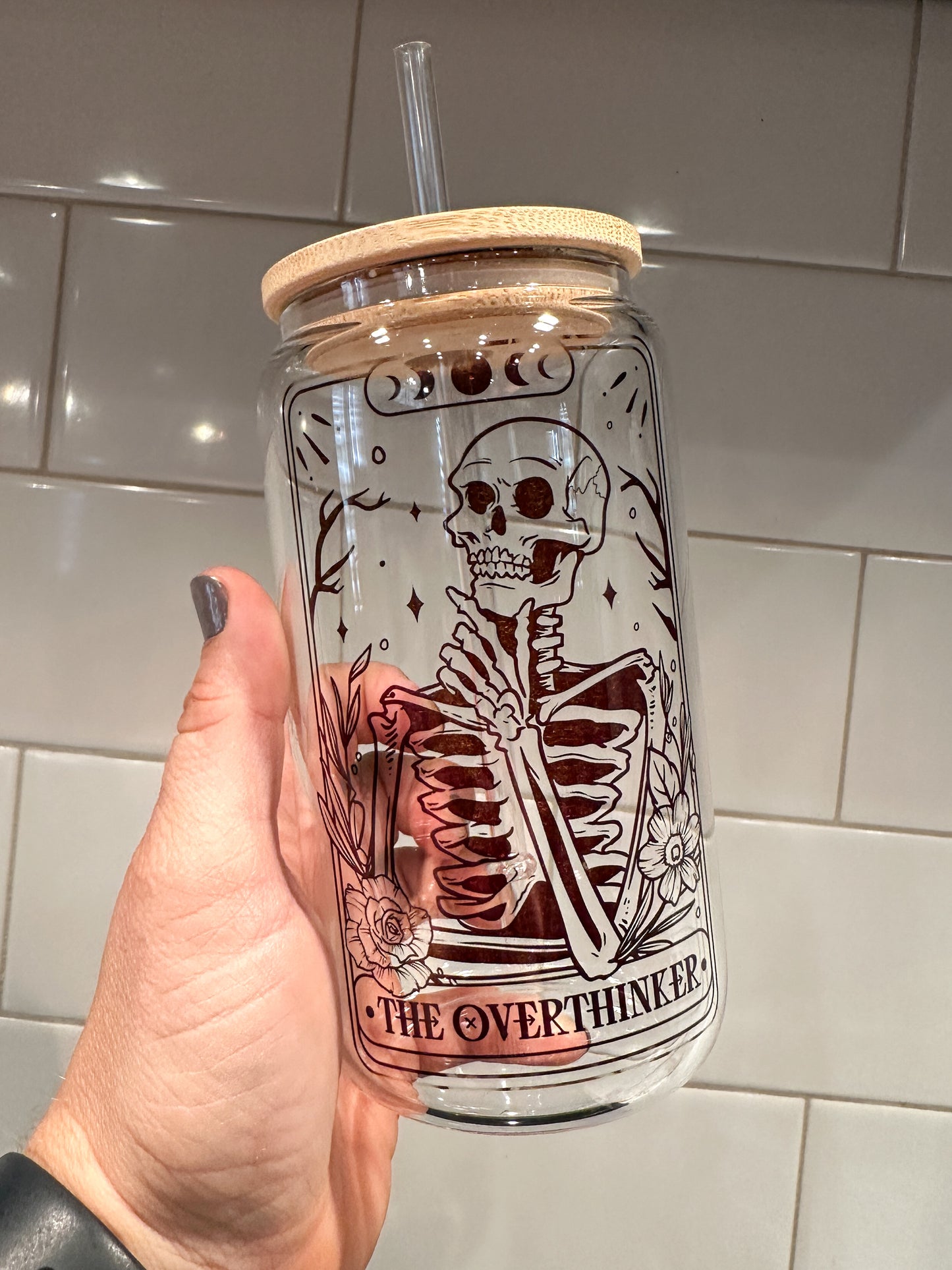 The Overthinker | Tarot Card Collection | 16oz Can Glass with Bamboo Lid | Clear Glass Drinkware