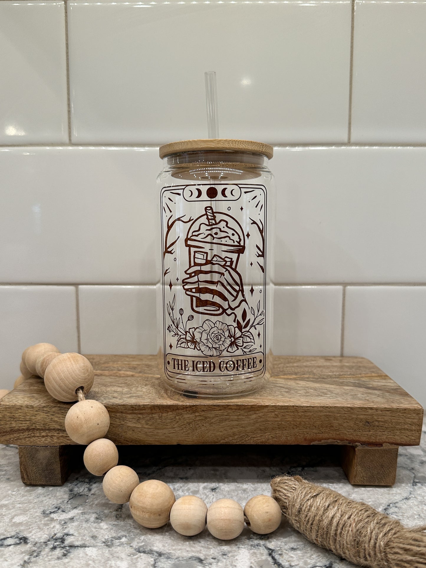 The Iced Coffee | Tarot Card Collection | 16oz Can Glass with Bamboo Lid | Clear Glass Drinkware