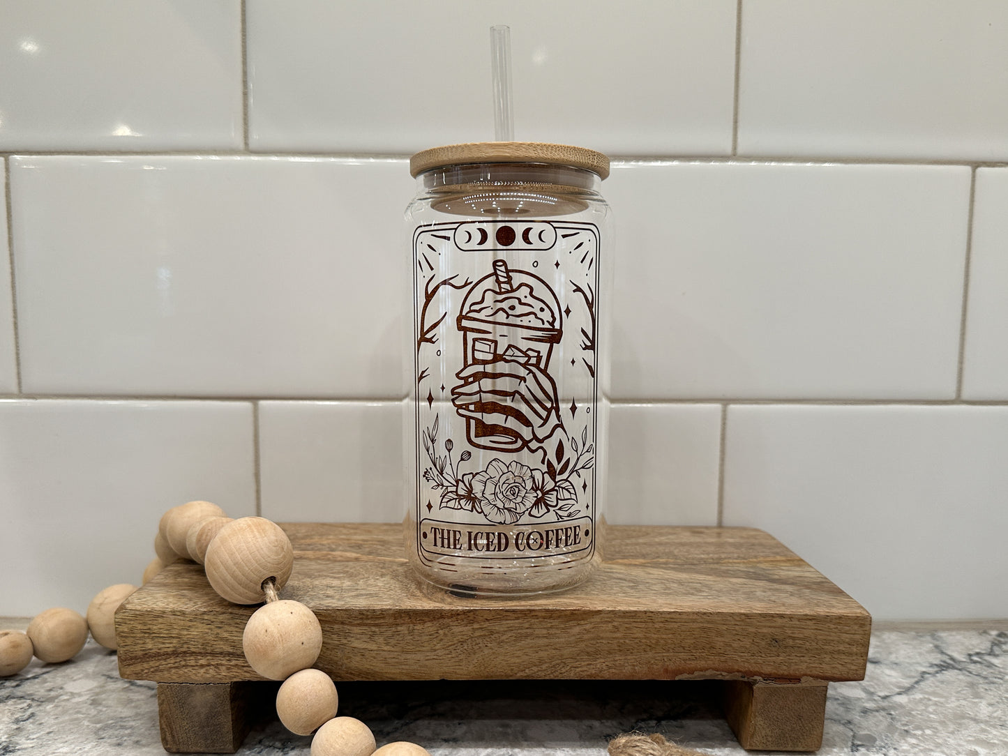 The Iced Coffee | Tarot Card Collection | 16oz Can Glass with Bamboo Lid | Clear Glass Drinkware