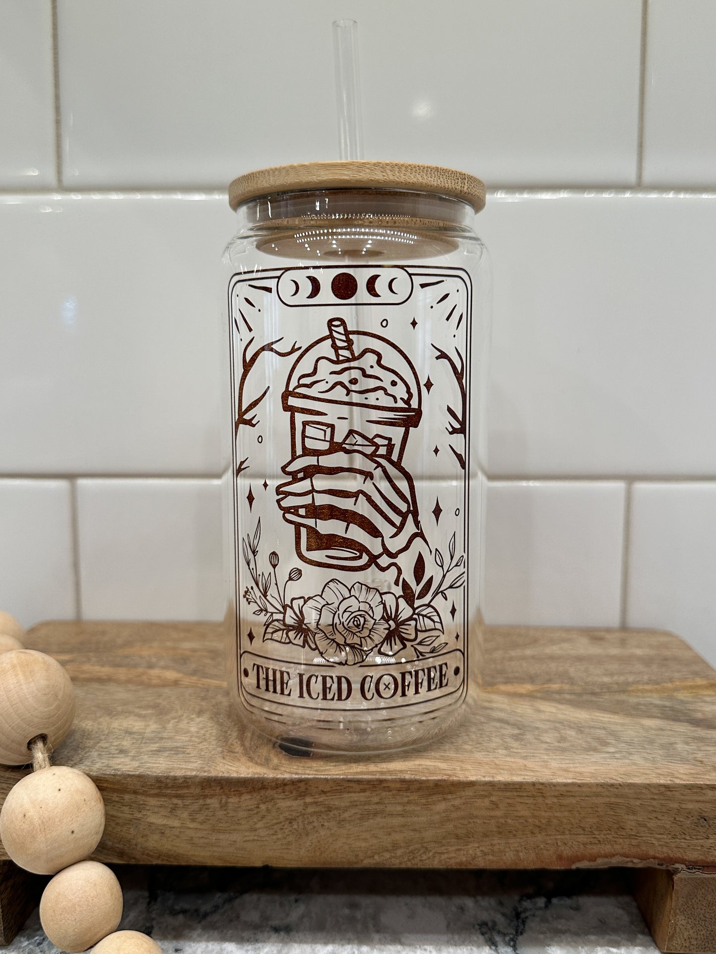 The Iced Coffee | Tarot Card Collection | 16oz Can Glass with Bamboo Lid | Clear Glass Drinkware