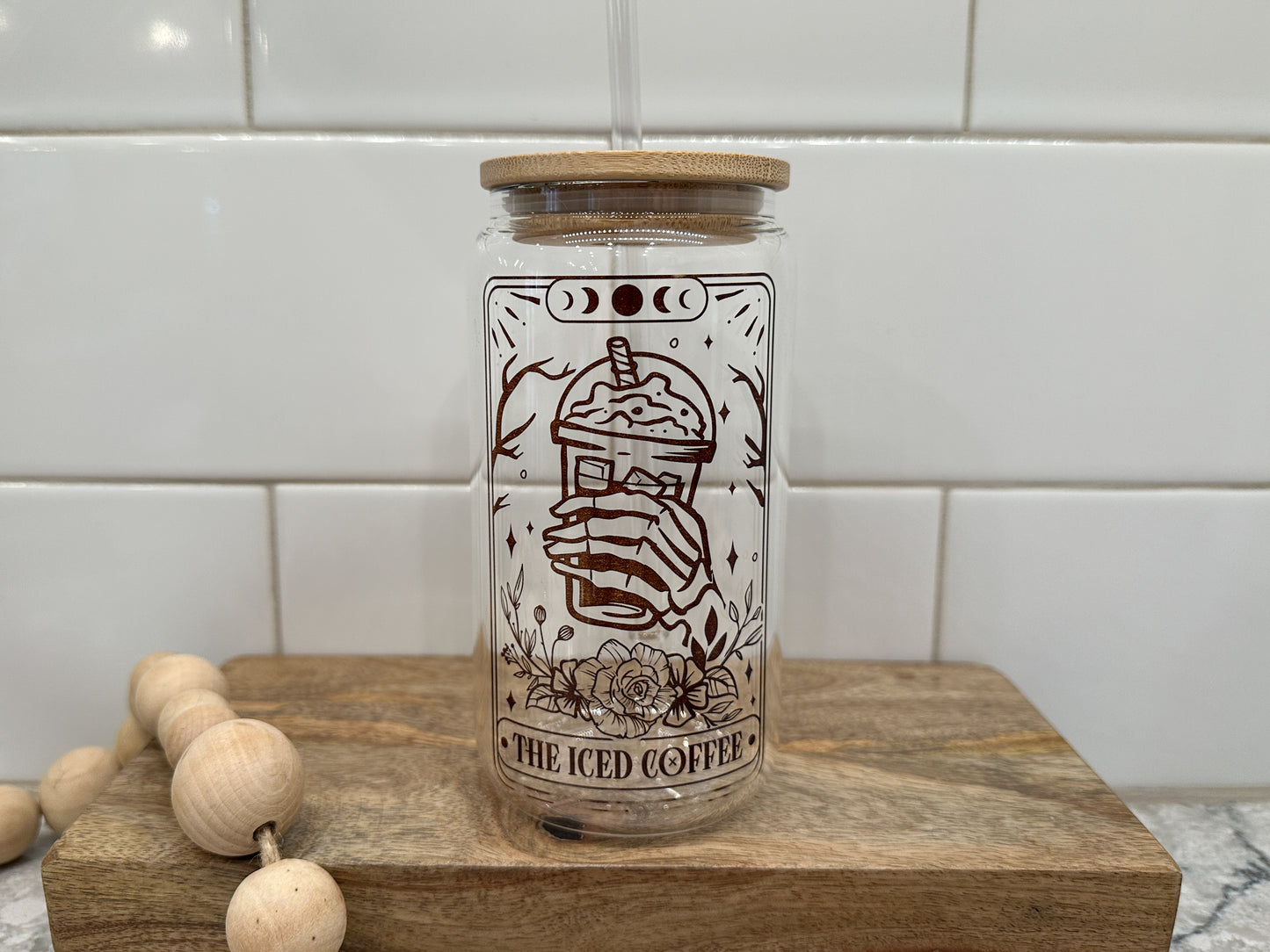 The Iced Coffee | Tarot Card Collection | 16oz Can Glass with Bamboo Lid | Clear Glass Drinkware