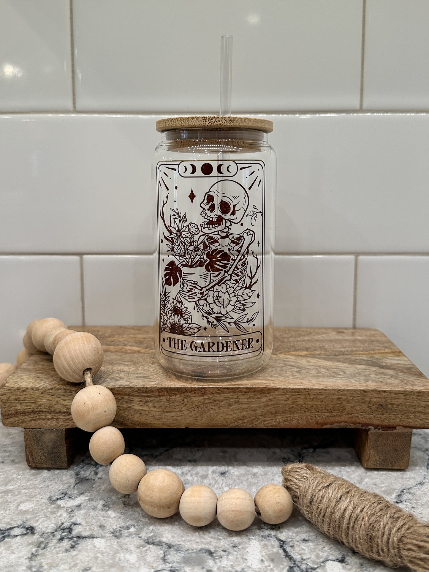 The Gardener | Tarot Card Collection | 16oz Can Glass with Bamboo Lid | Clear Glass Drinkware