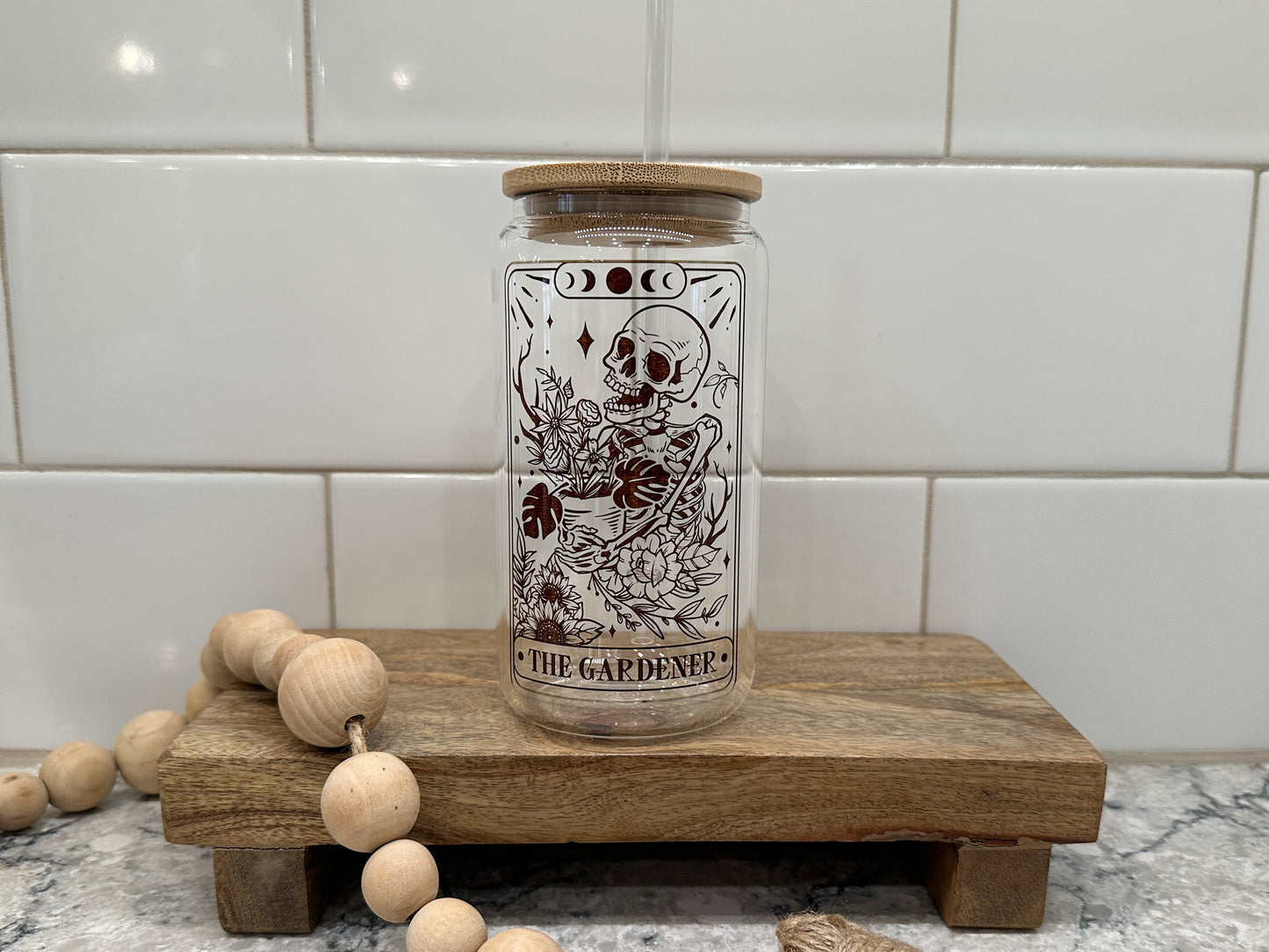 The Gardener | Tarot Card Collection | 16oz Can Glass with Bamboo Lid | Clear Glass Drinkware