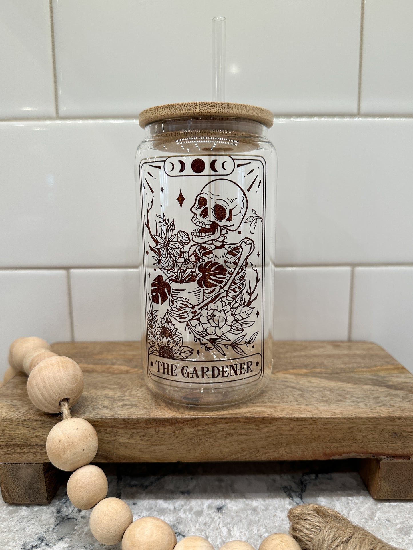 The Gardener | Tarot Card Collection | 16oz Can Glass with Bamboo Lid | Clear Glass Drinkware