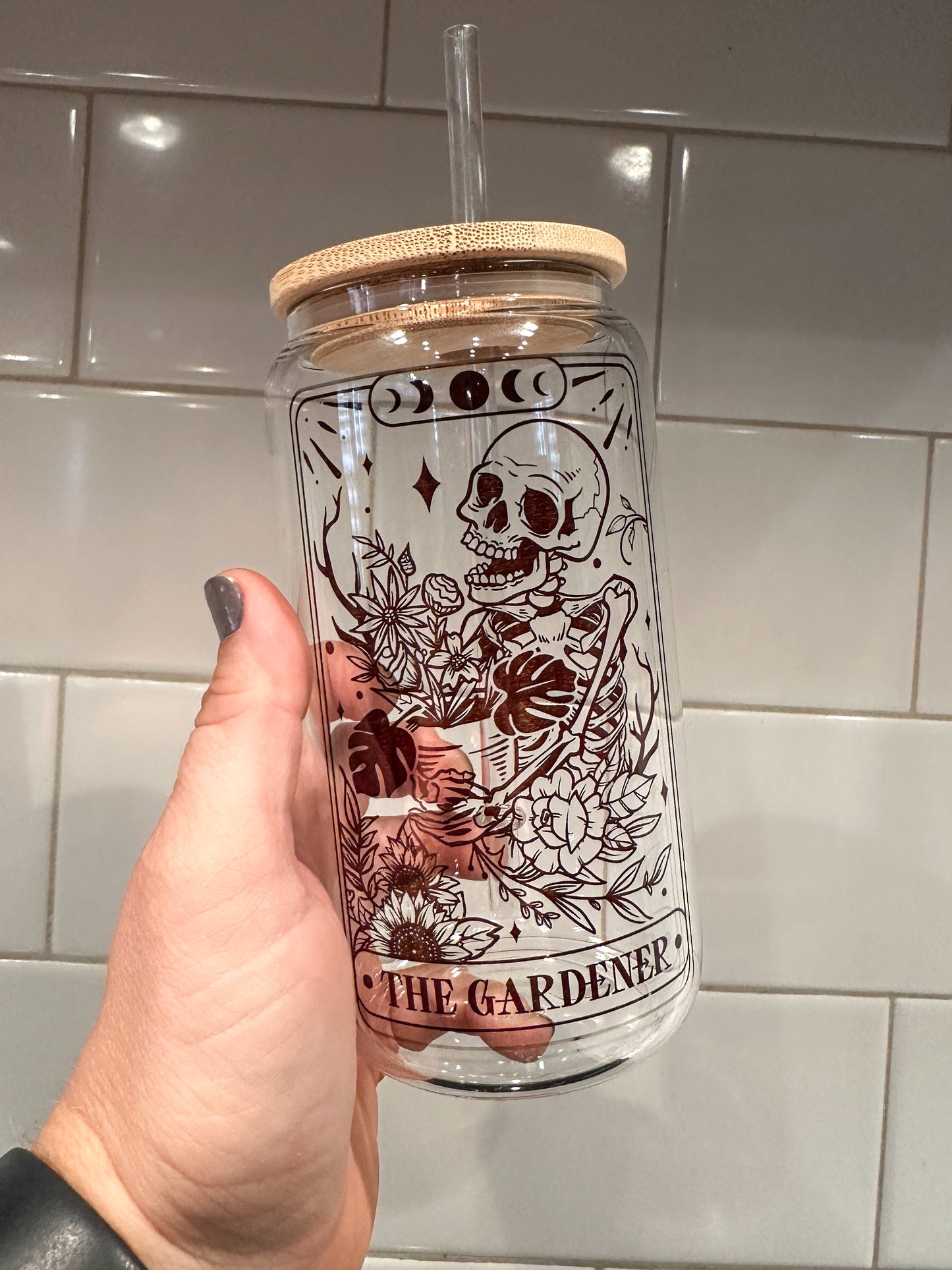 The Gardener | Tarot Card Collection | 16oz Can Glass with Bamboo Lid | Clear Glass Drinkware