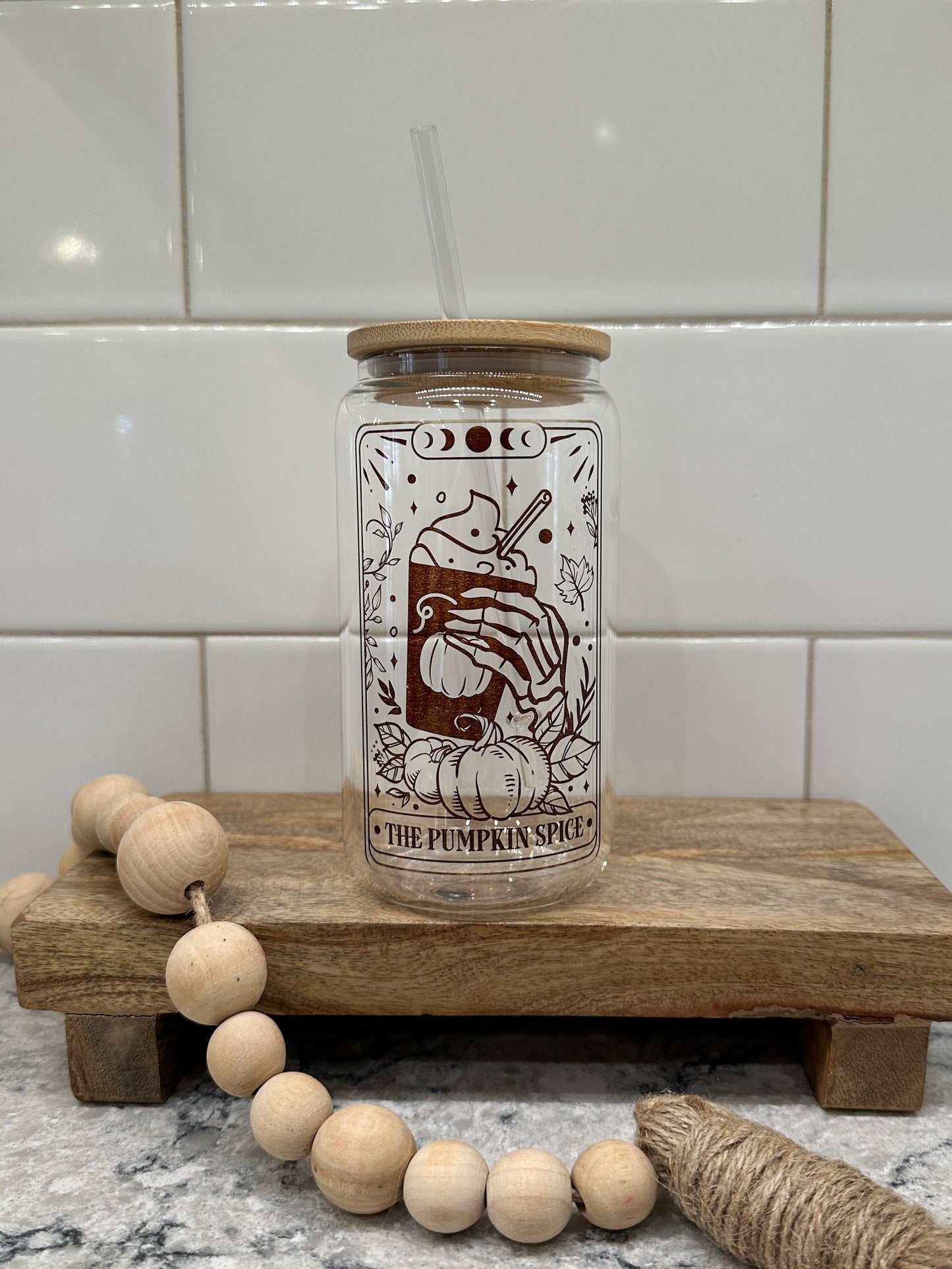 The Pumpkin Spice | Tarot Card Collection | 16oz Can Glass with Bamboo Lid | Clear Glass Drinkware